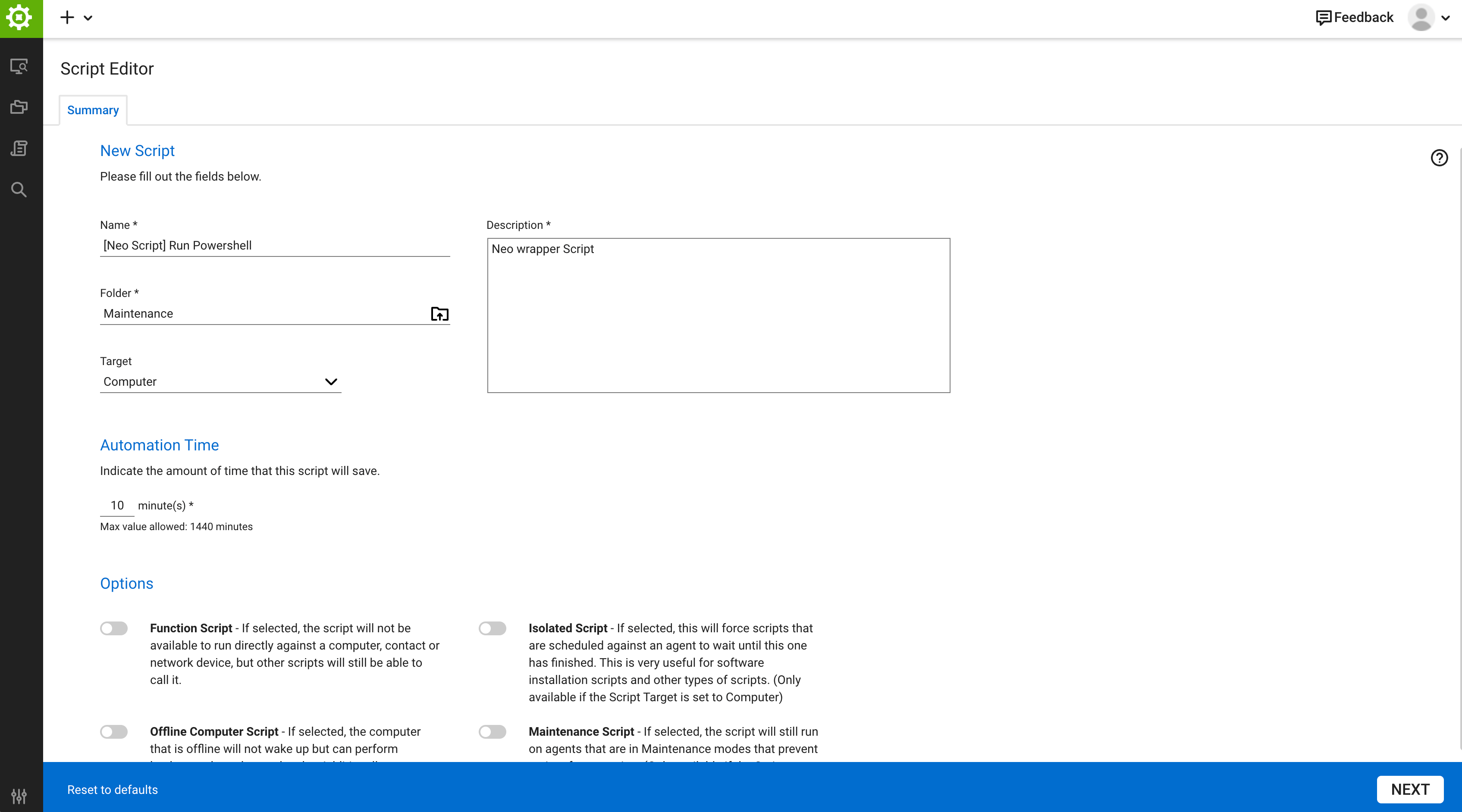 Summary tab with the name, Computer target, and Function Script off