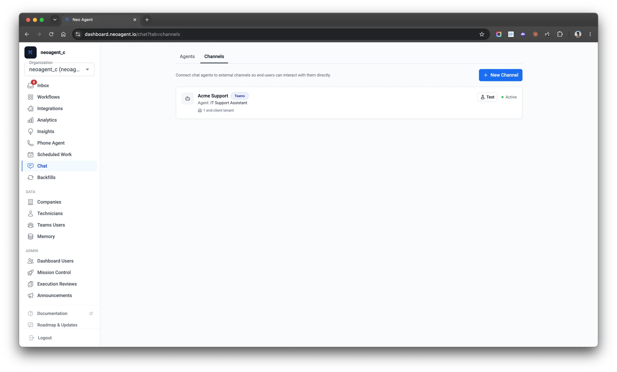 The Channels tab in the Neo dashboard, where you manage your branded Teams bots — here a live 'Acme Support' Teams channel