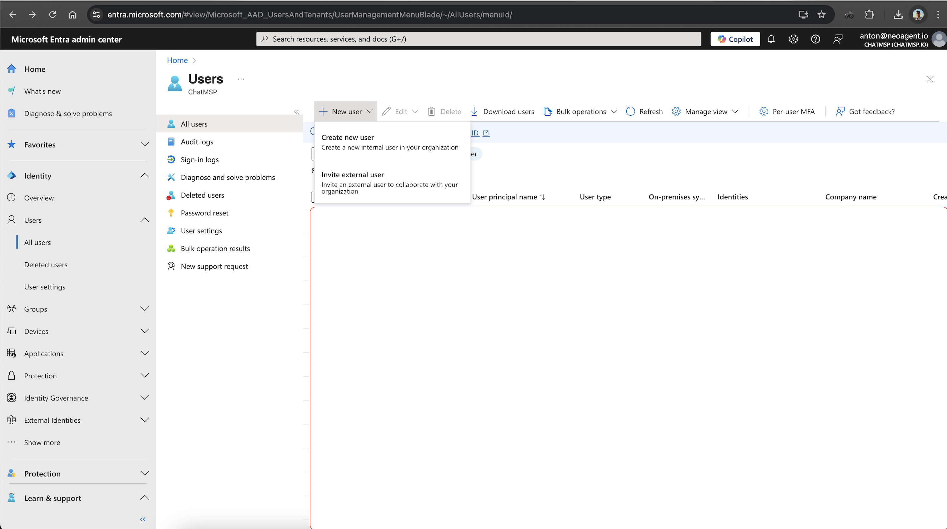 Microsoft Entra ID interface showing how to invite an external user with form fields for display name and email