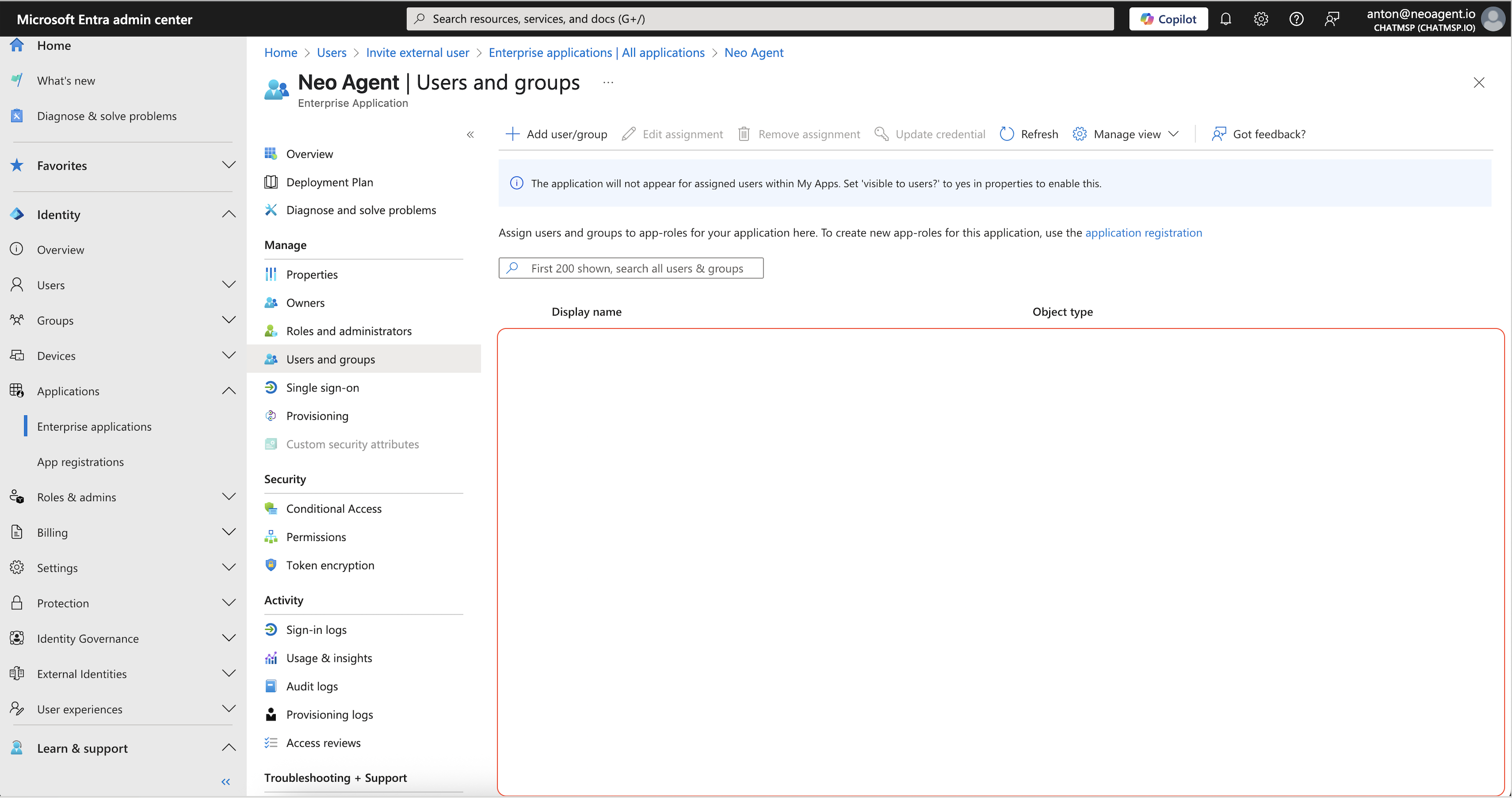 Microsoft Entra ID Enterprise Applications interface showing how to assign a guest user to the Neo Agent application