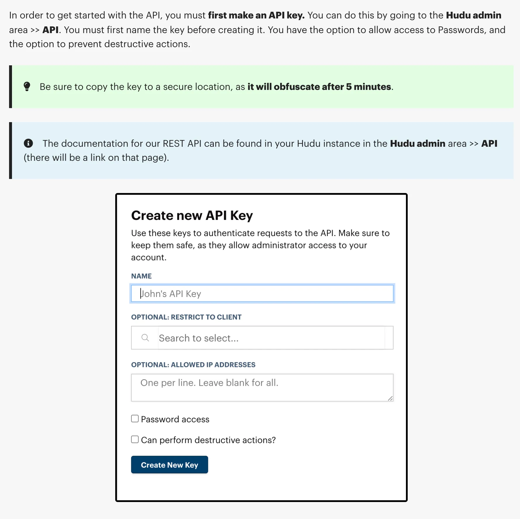 Navigate to Admin → API in Hudu to create an API Key