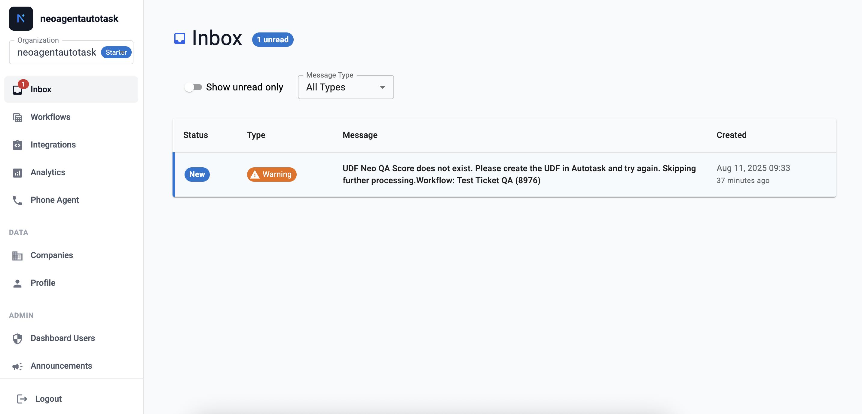 Inbox message details view with full context and next steps