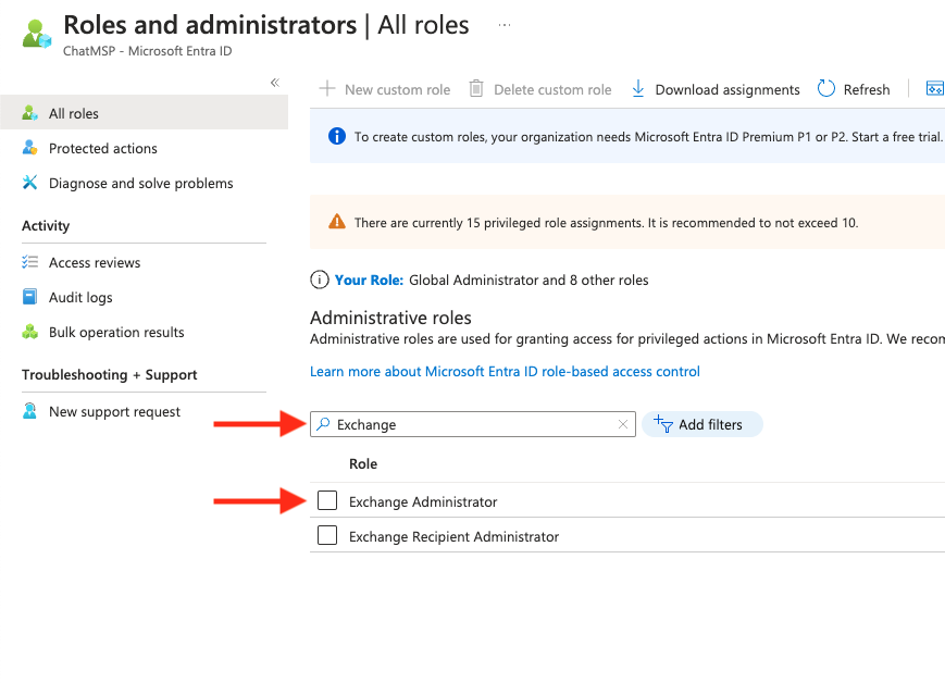 Search Exchange Administrator role