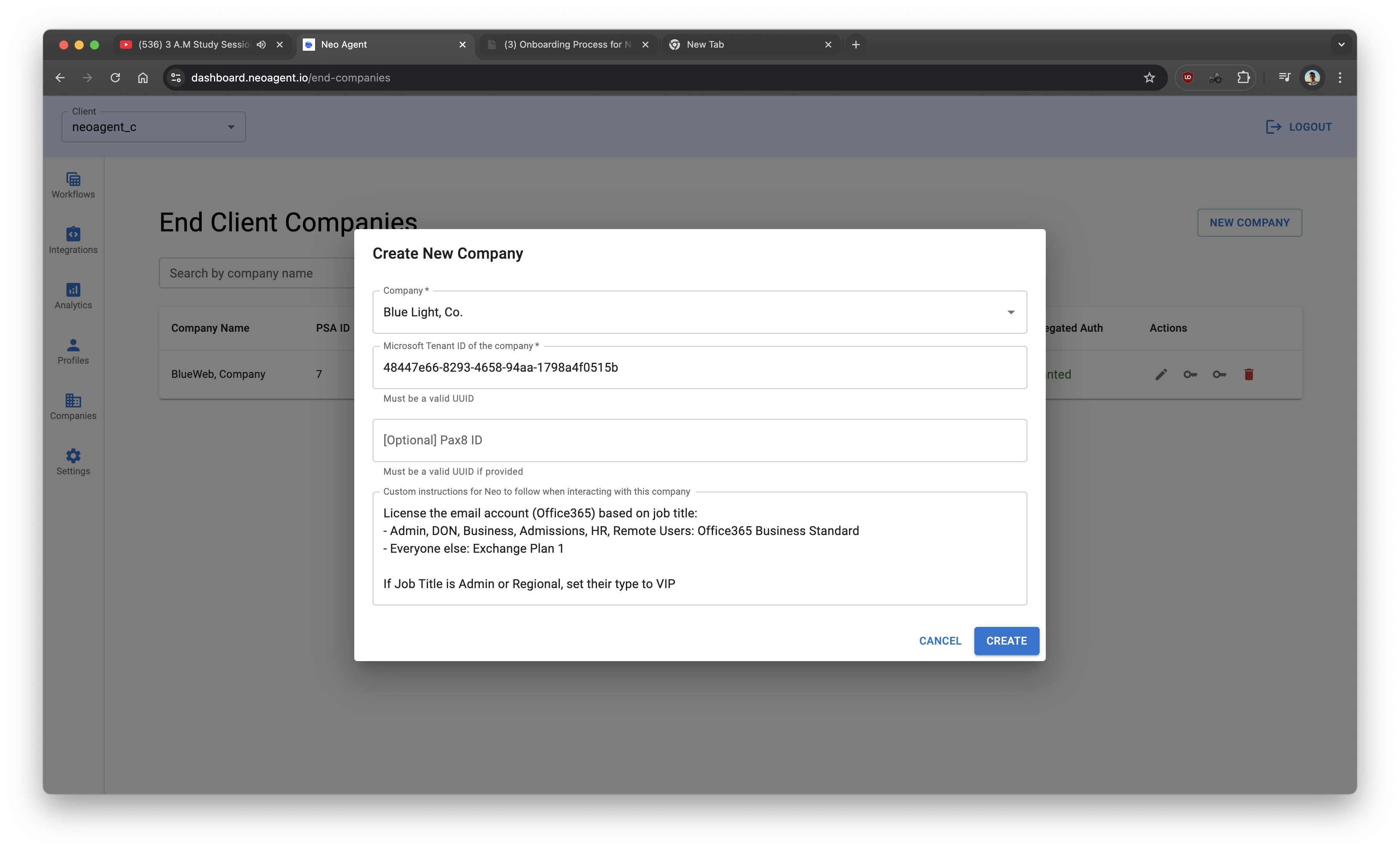 Company details and access buttons