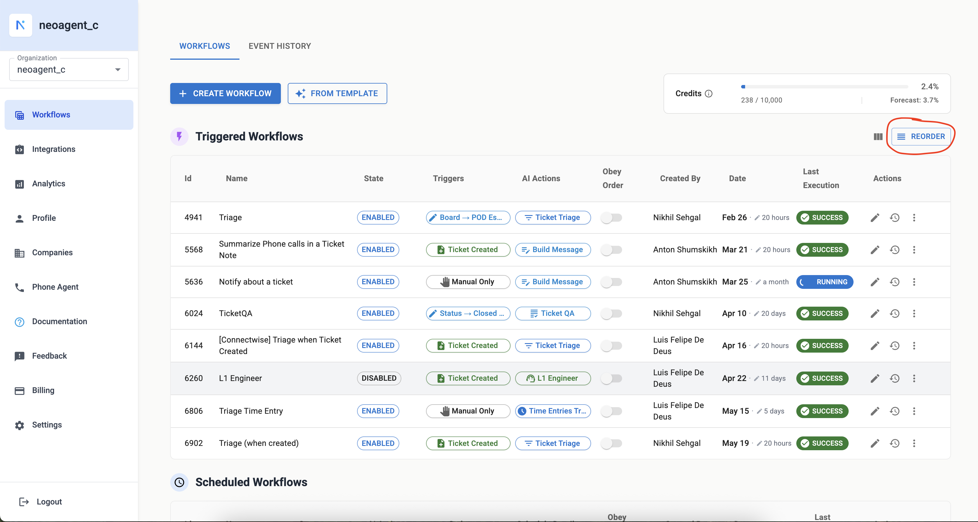 Workflow reorder button