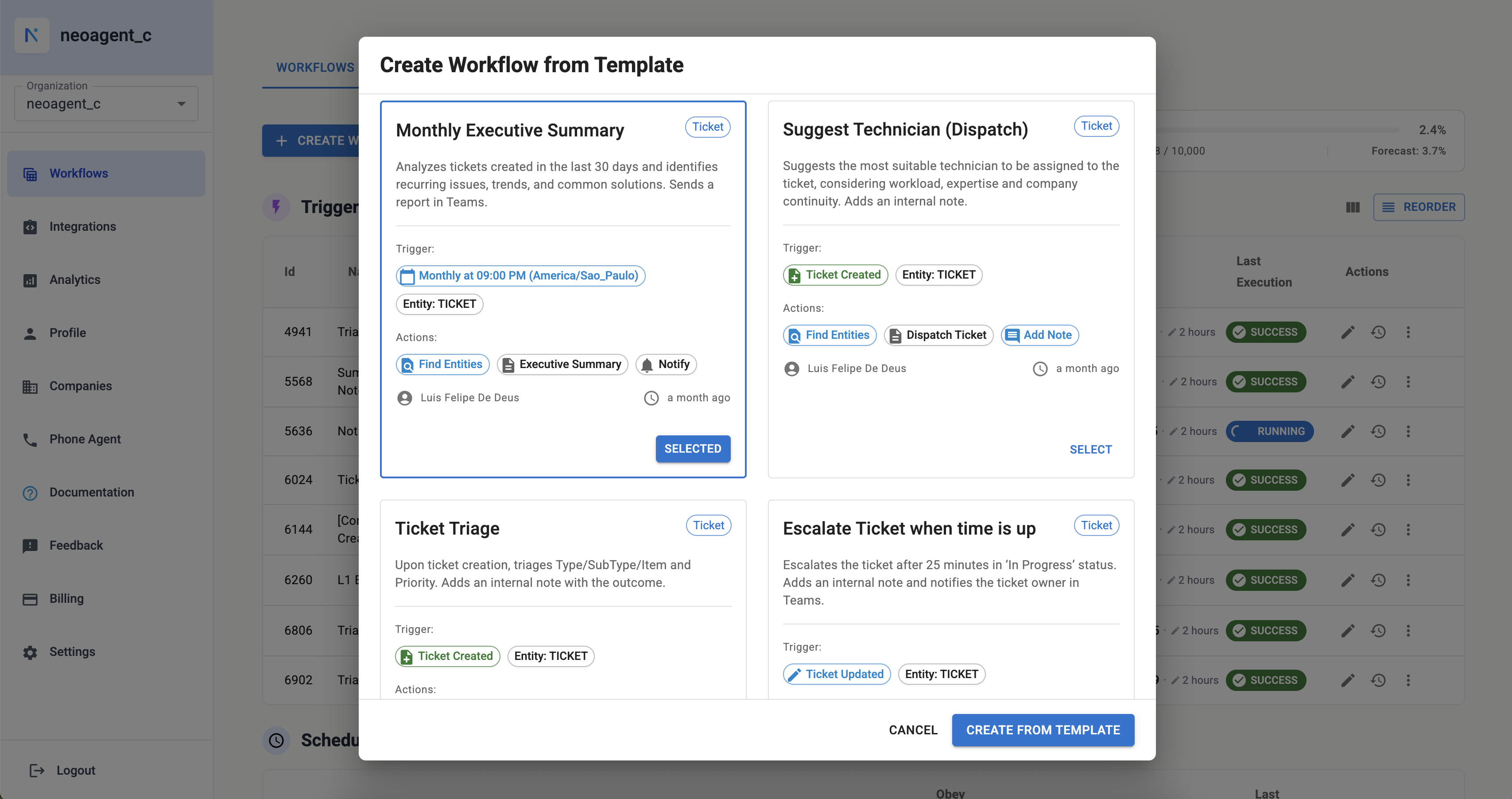 Workflow template selection modal