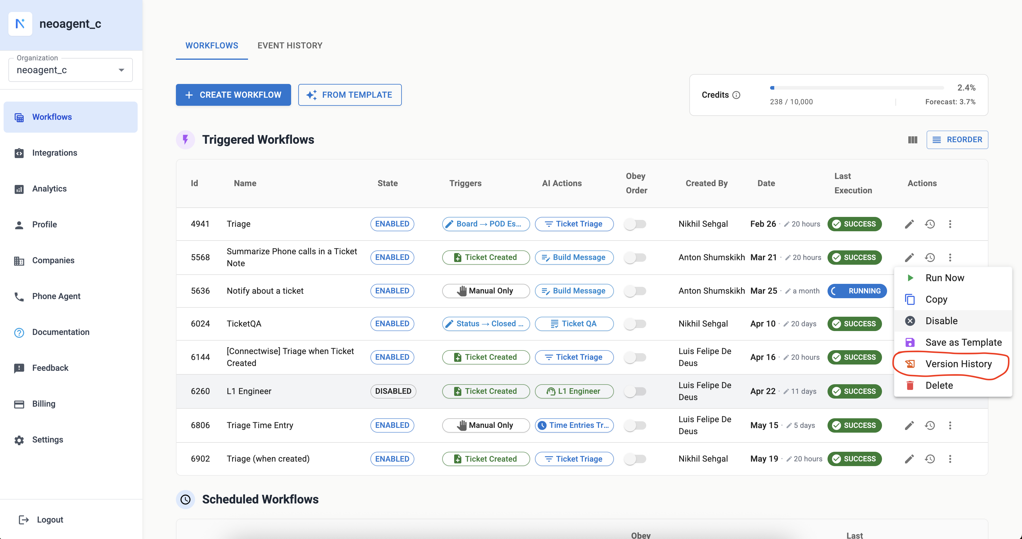 Accessing workflow version history