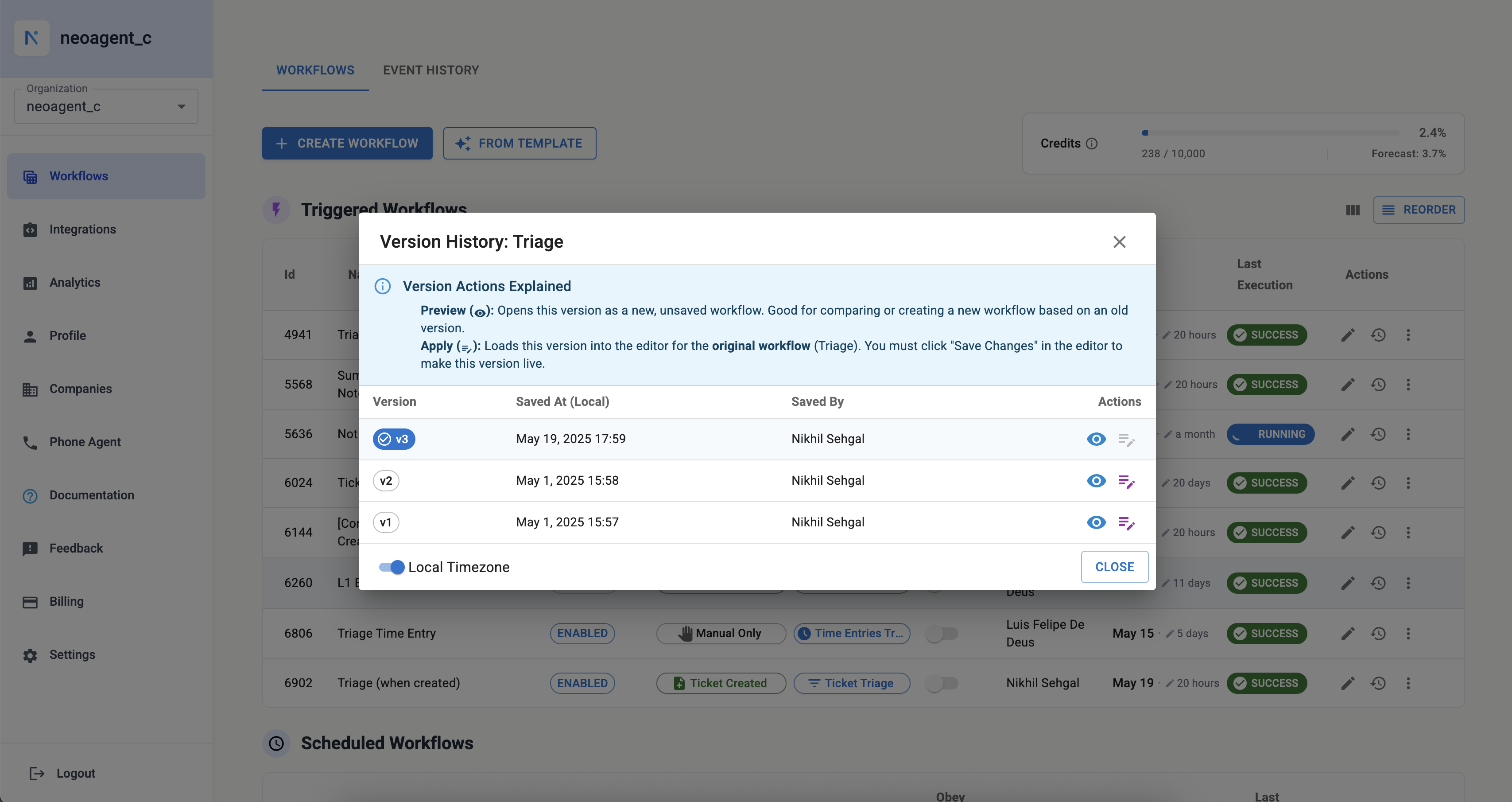 Workflow version history dialog