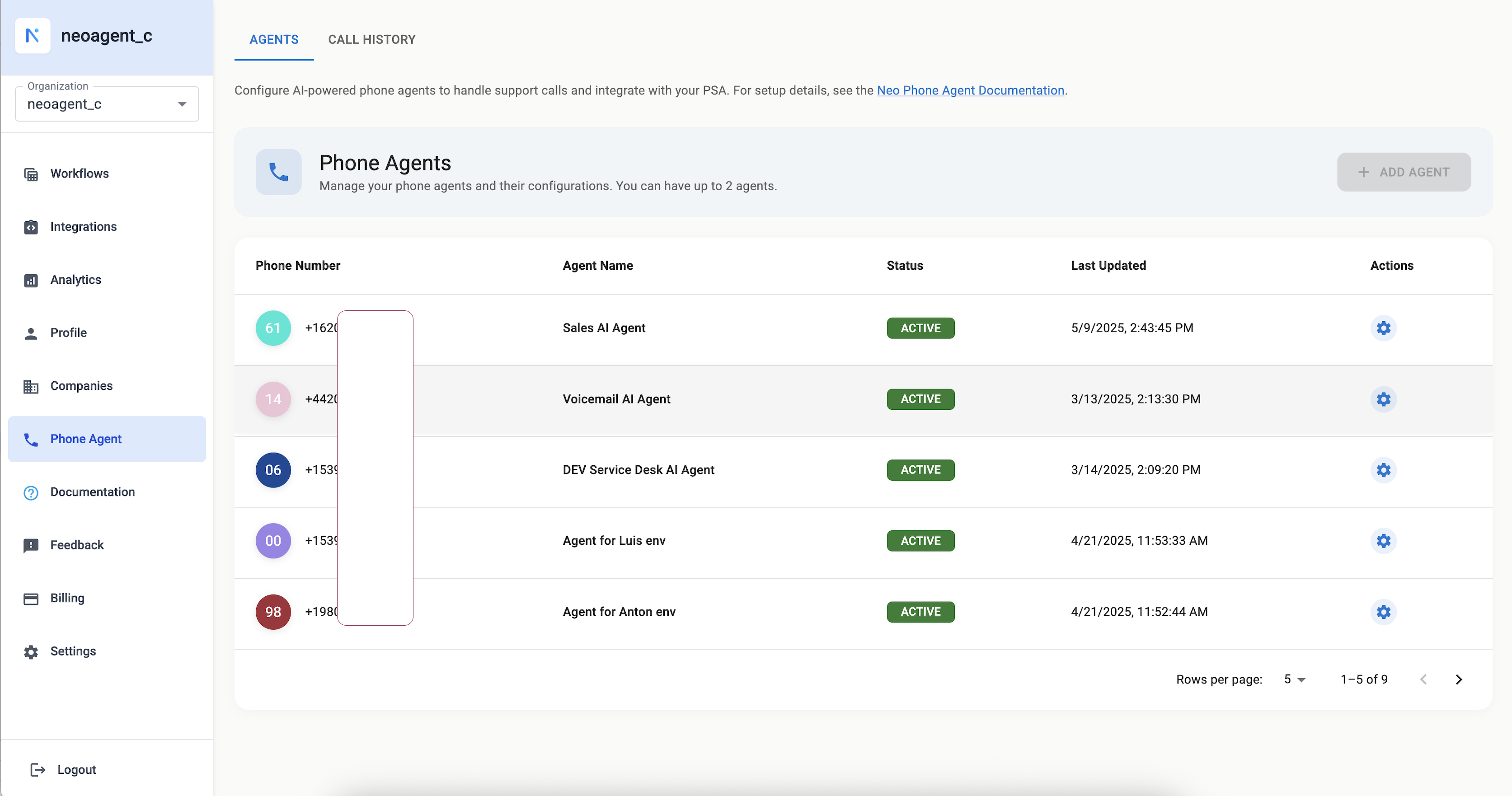 Phone agent table of recent calls