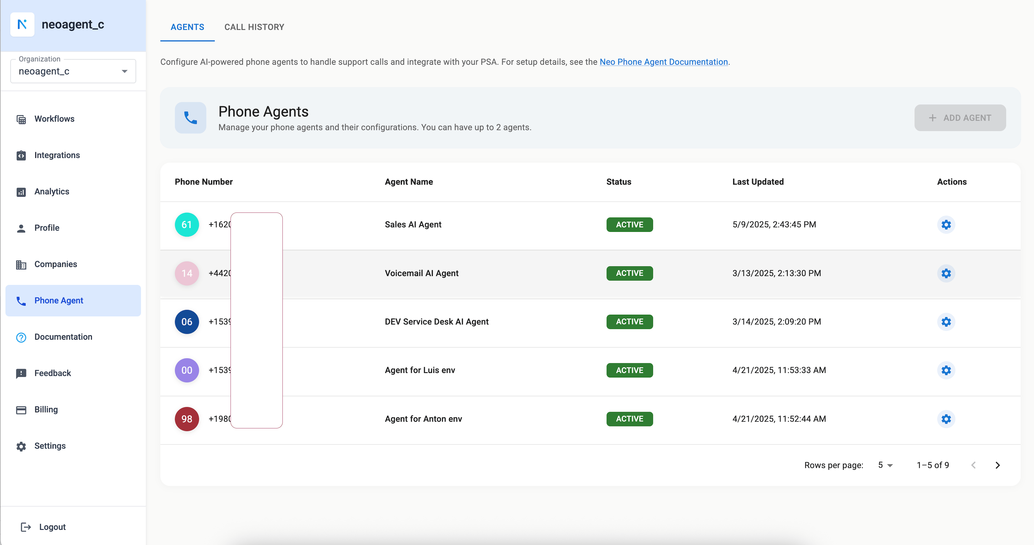 Phone agent table of recent calls