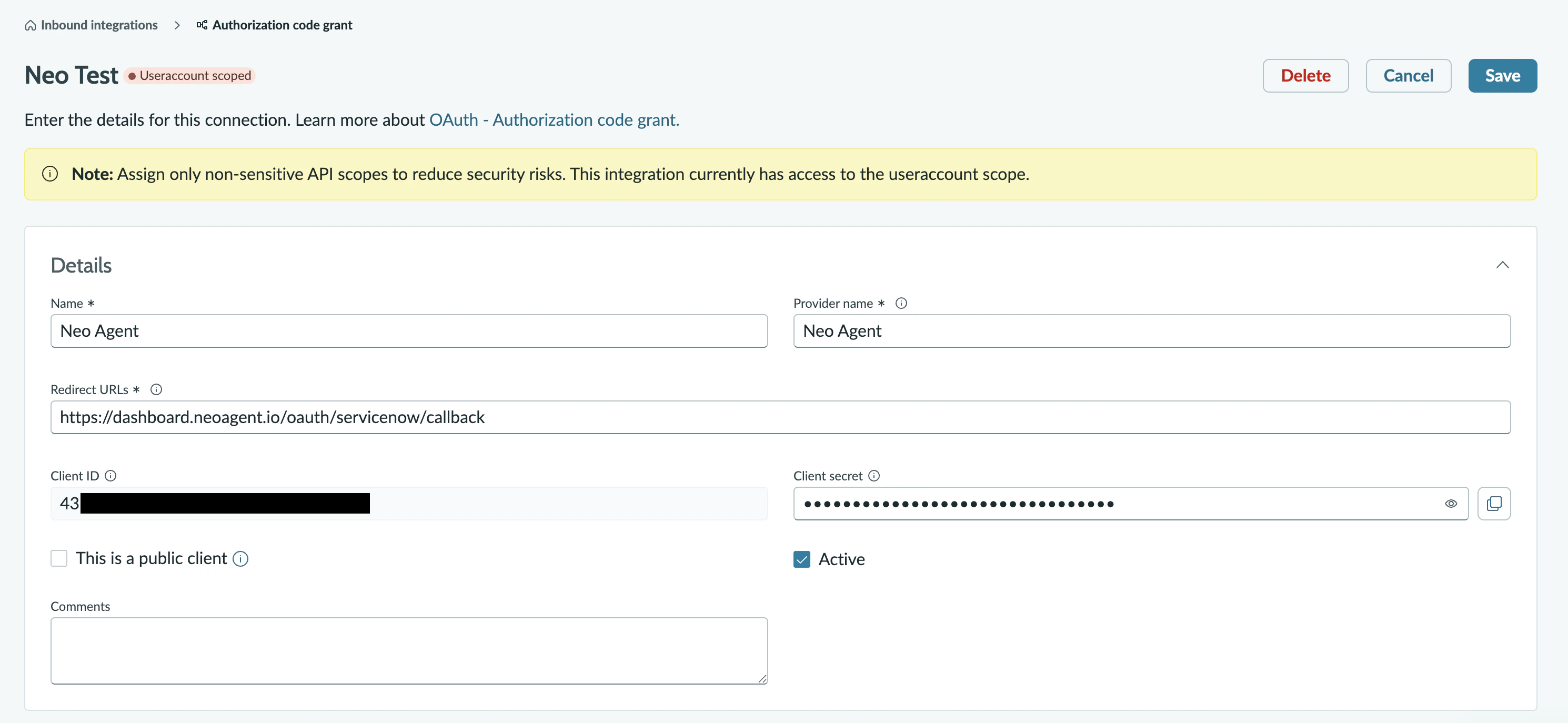 OAuth application form filled in