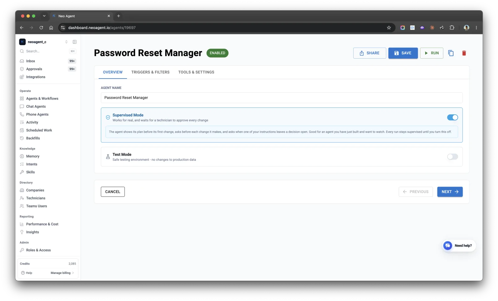 The agent editor Overview tab with Supervised Mode switched on above Test Mode