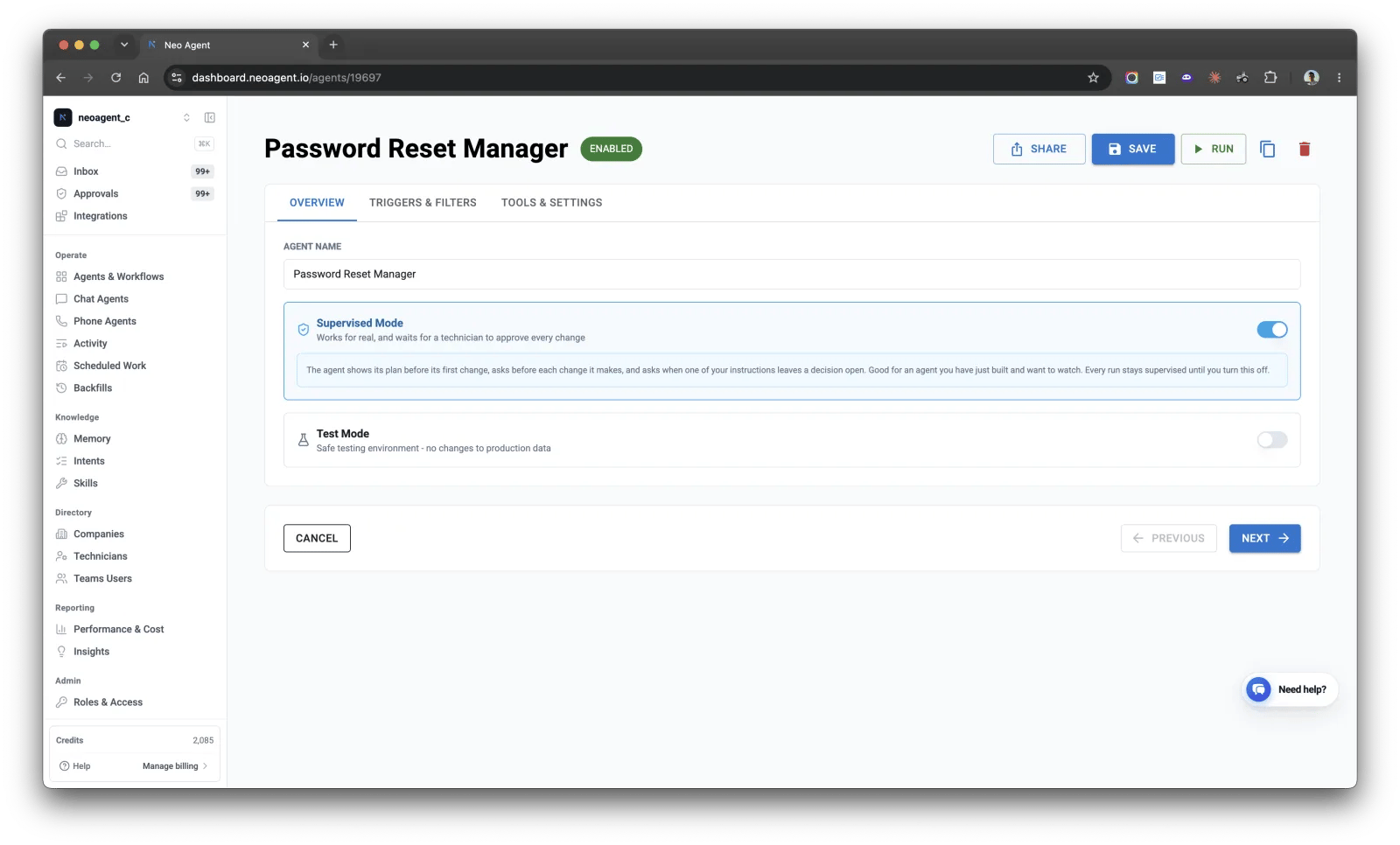 The agent editor Overview tab with Supervised Mode switched on above Test Mode