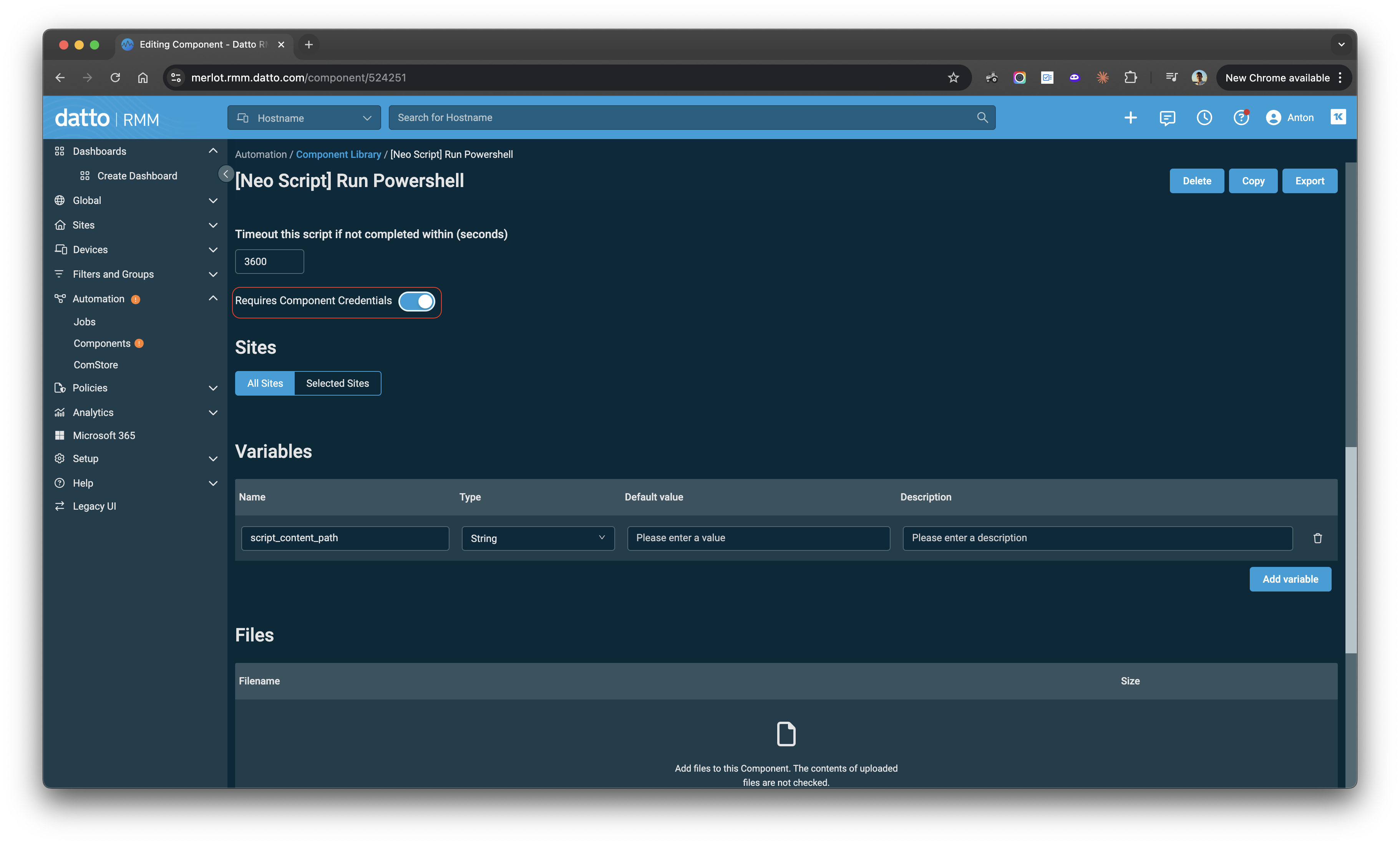 Datto RMM component with Requires Component Credentials enabled