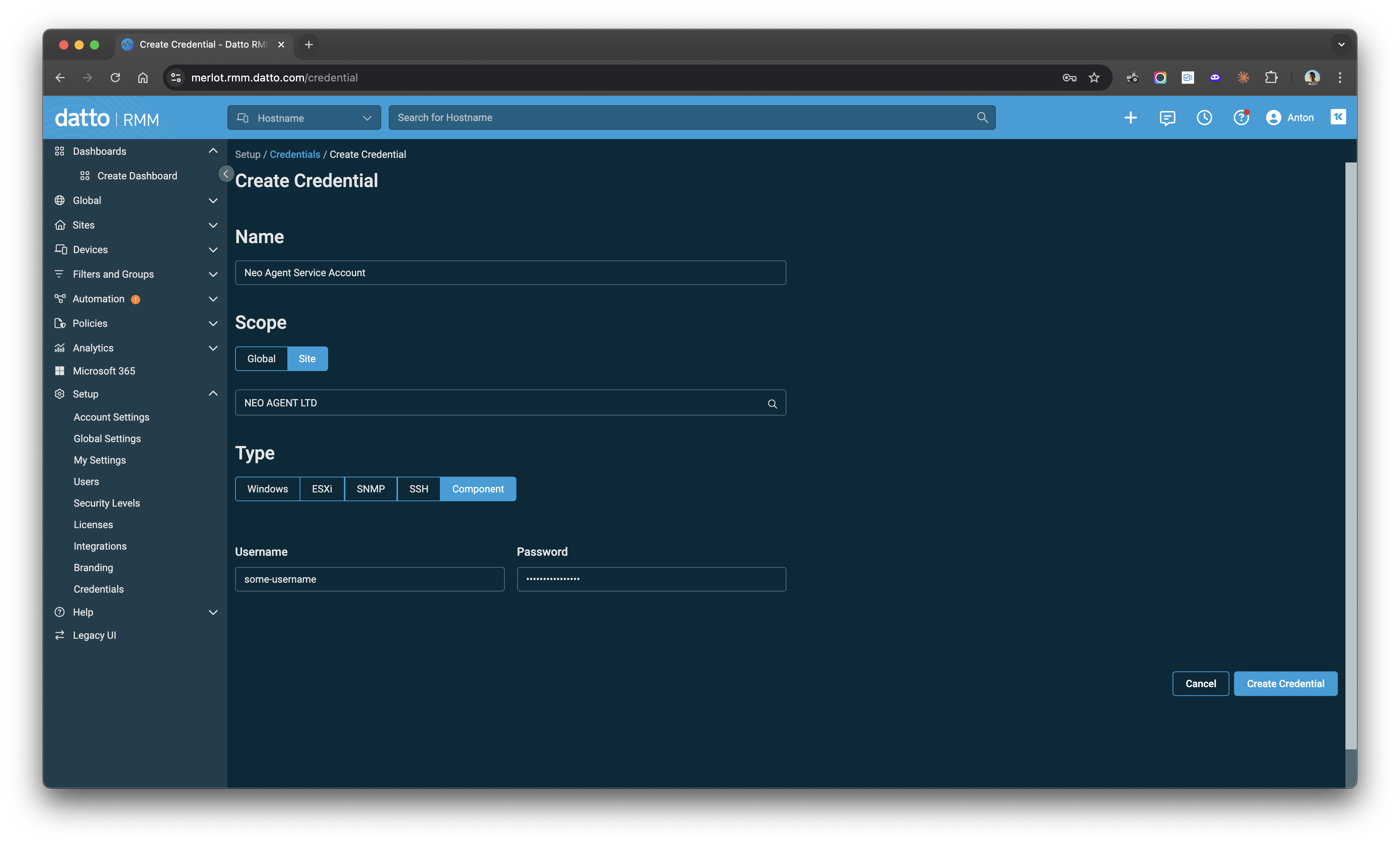 Creating a Component Credential for a site in Datto RMM