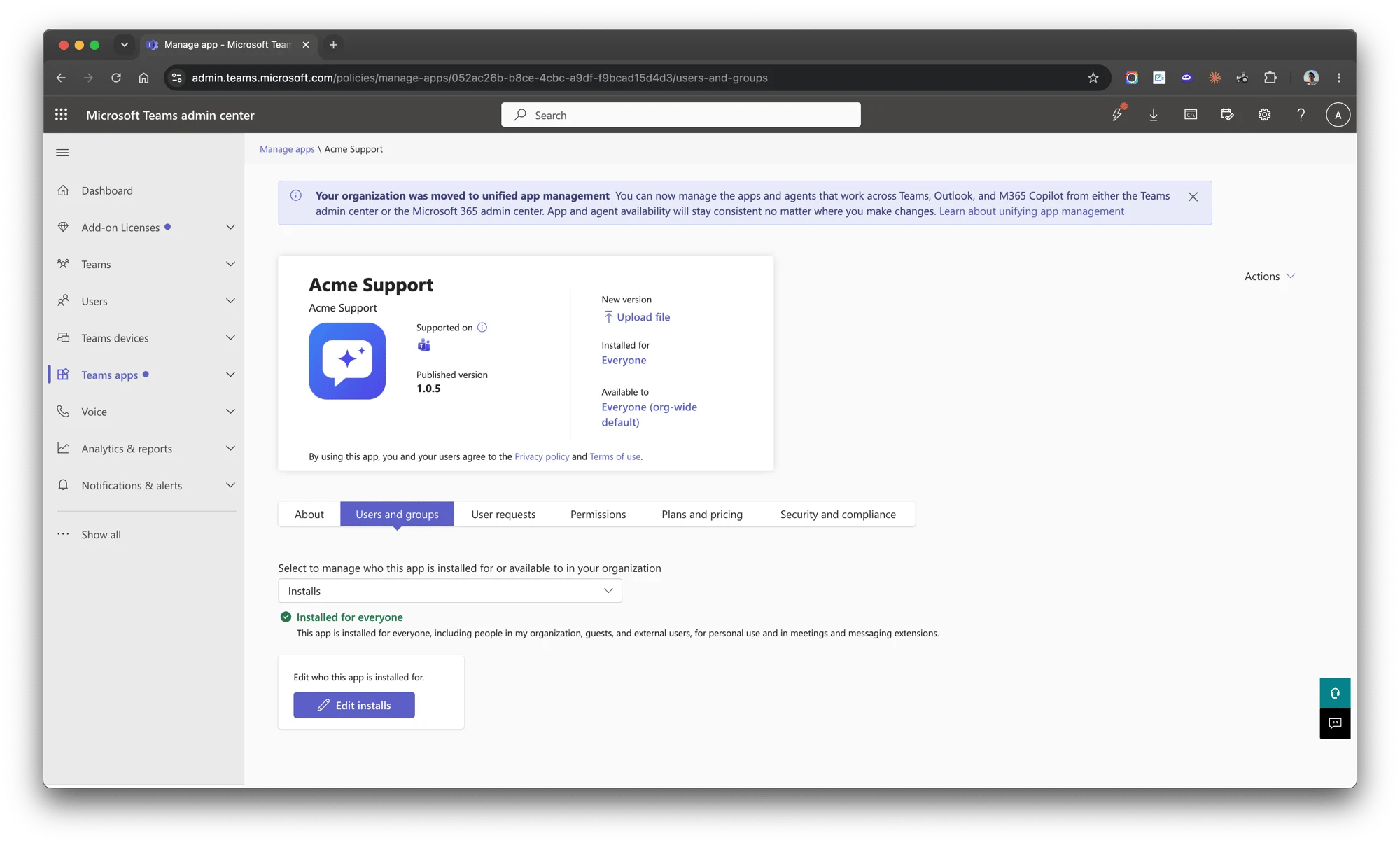 Teams admin center — Manage apps, an app's Users and groups tab, Installs set to Installed for everyone, with the Edit installs button