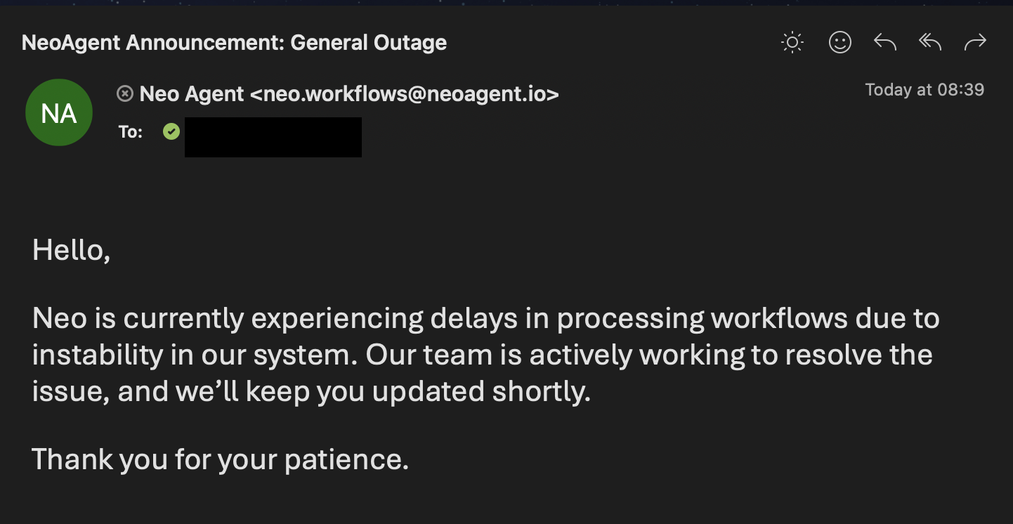 Sample announcement email showing formatted notification content