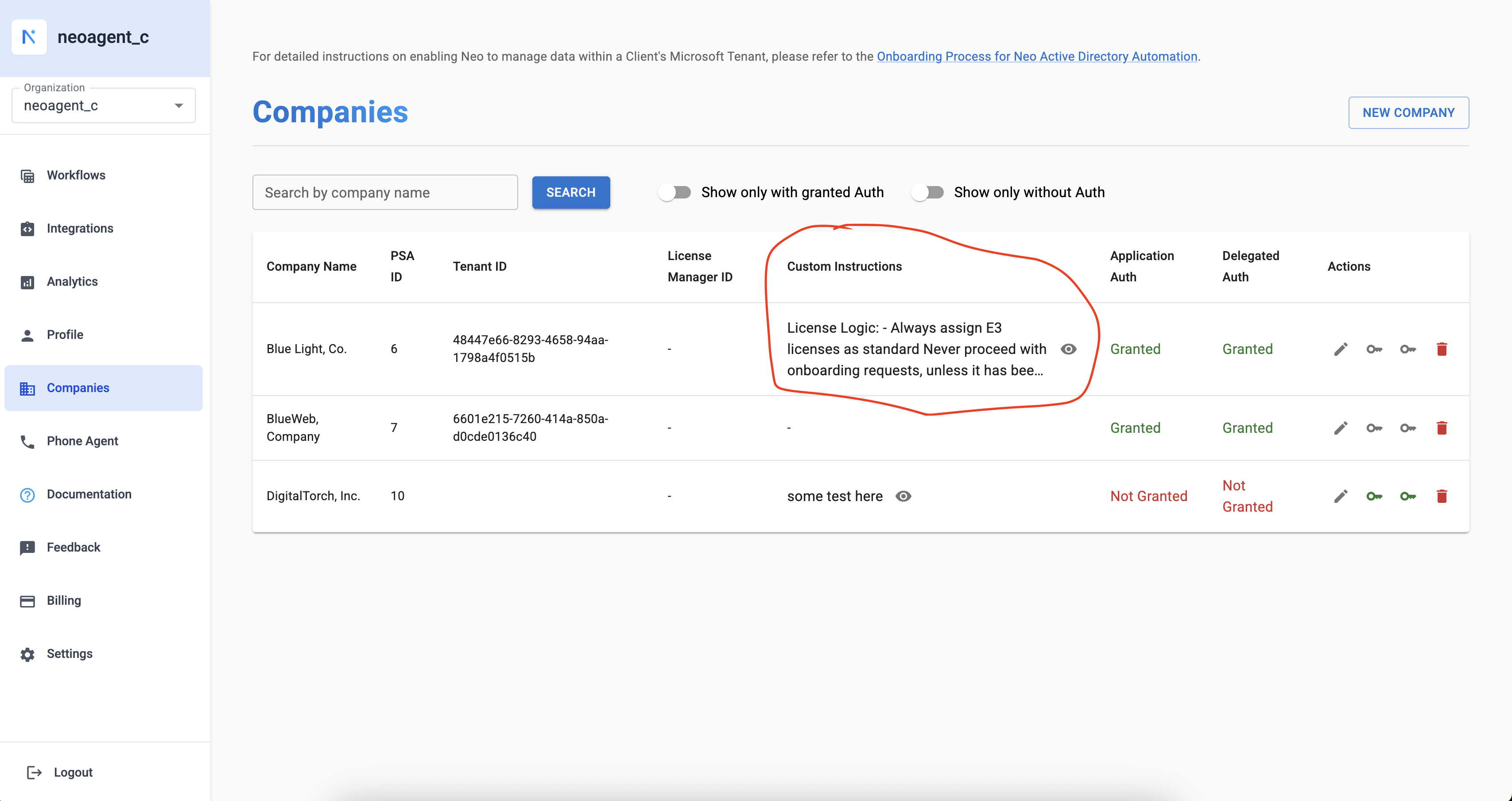 Company-Level Custom Instructions interface showing the editor for entering company-specific rules and guidelines