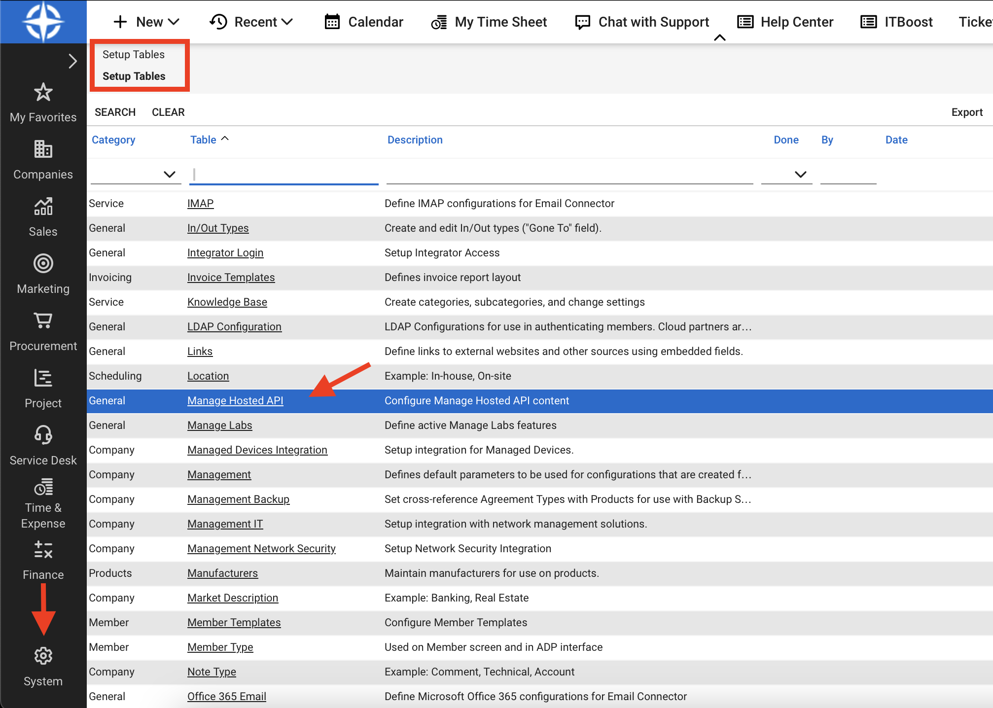 Open Setup Tables