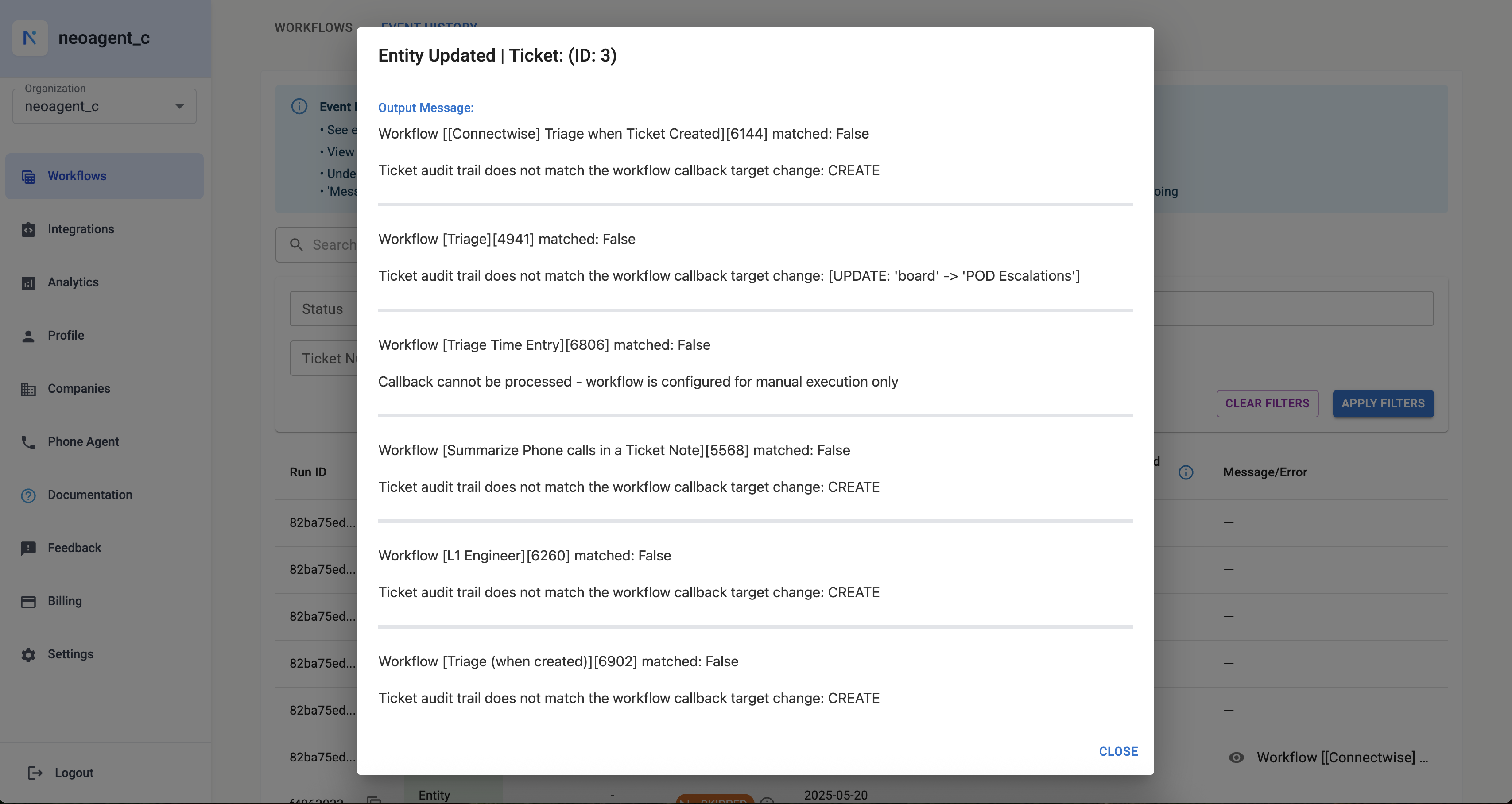 Entity Update Workflow Match Details showing workflow evaluation results