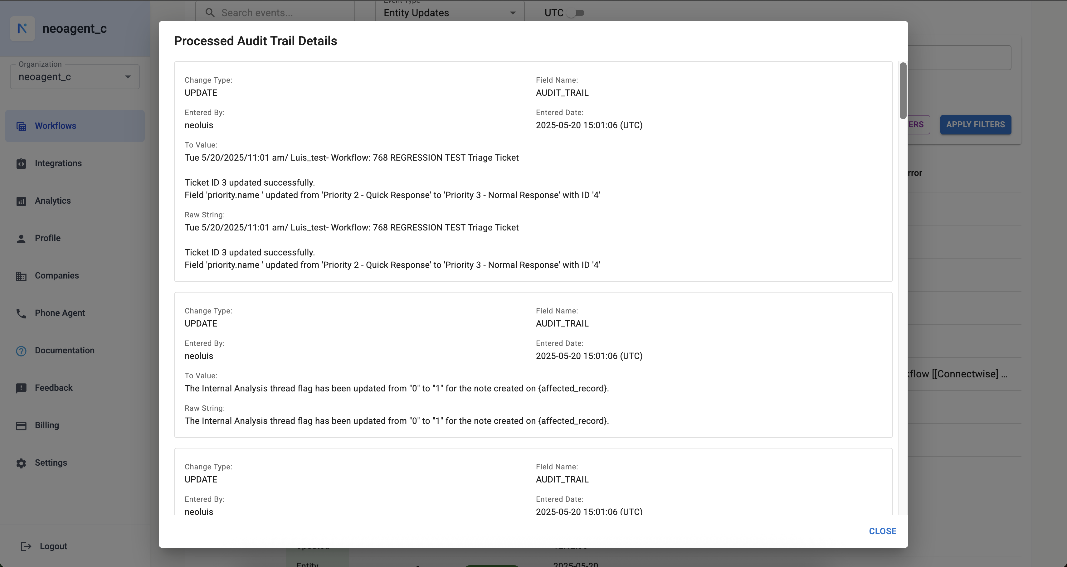 Entity Update Processed Audit Trail Details showing specific field changes from PSA