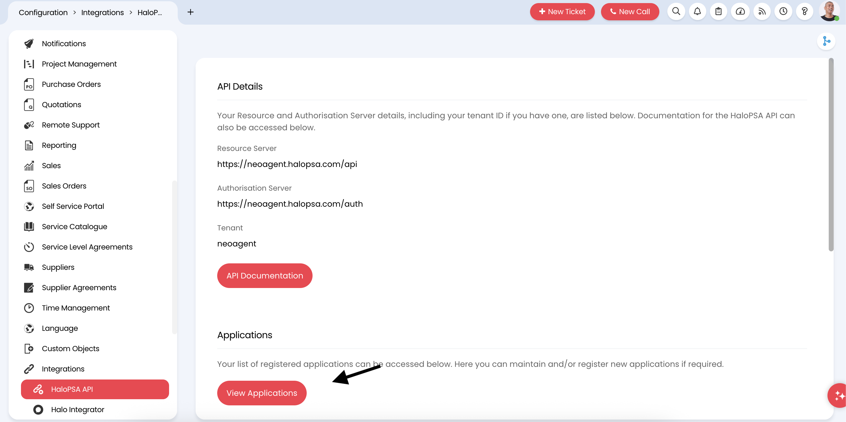 HaloPSA API management page