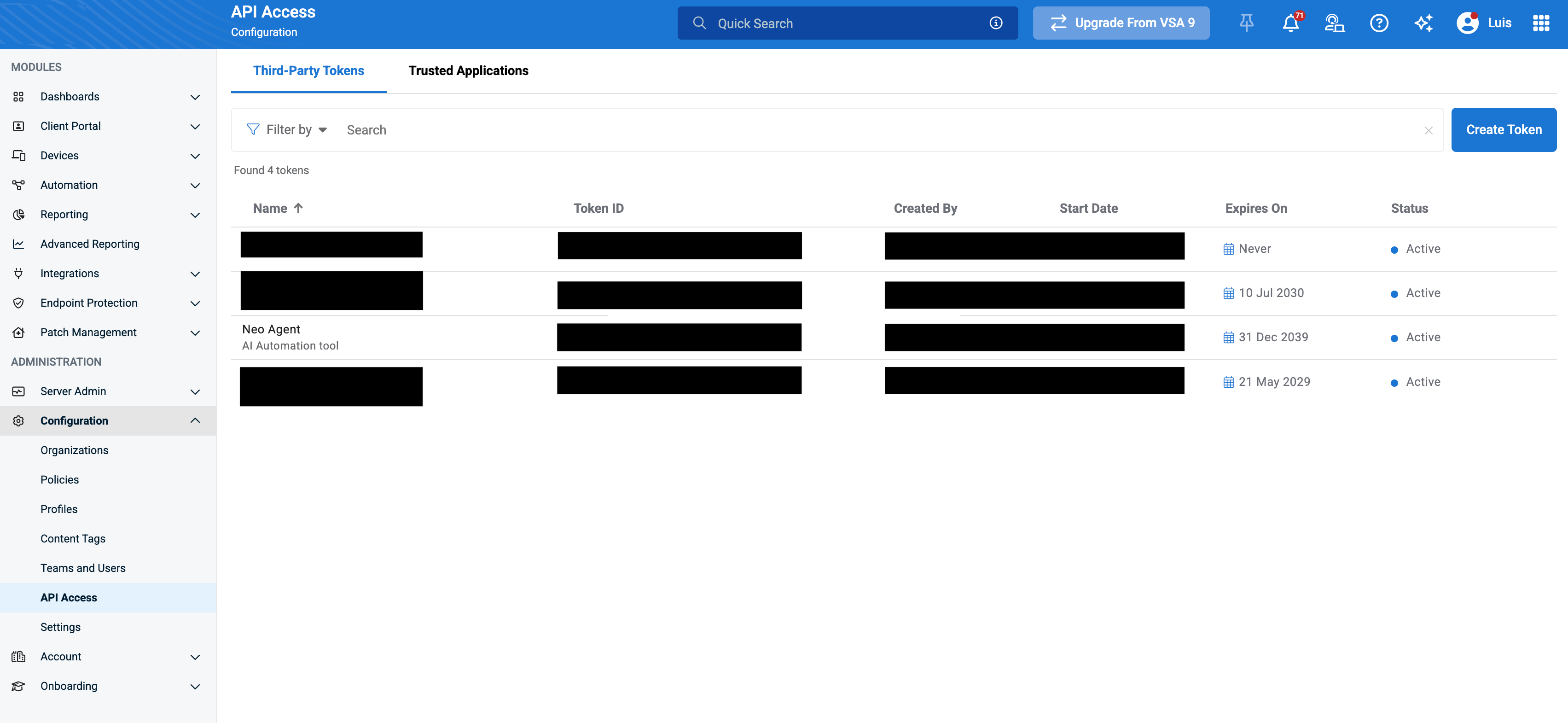 VSA X Configuration → API Access → Third-Party Tokens page with the Create Token button