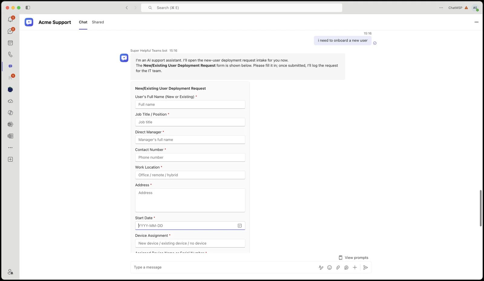 A branded end-user bot in Microsoft Teams. The employee wrote 'i need to onboard a new user' and the bot replied that it's opening the New/Existing User Deployment Request intake, followed by a form card with labelled fields — full name, job title, direct manager, contact number, work location, address, start date, device assignment — each marked required.