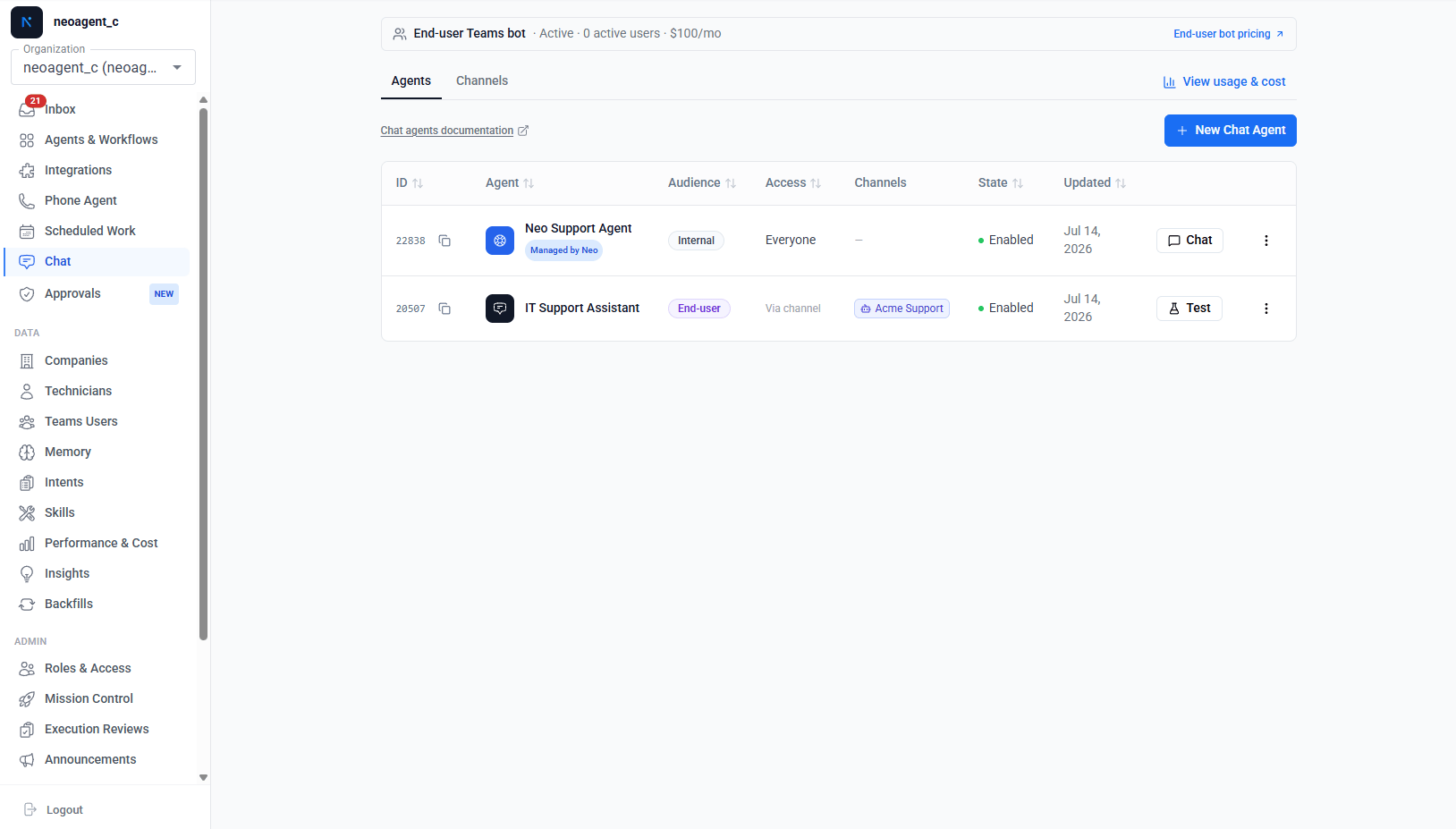 Agents tab on the Chat page — the Neo Support Agent and a custom chat agent, each row showing its ID, audience, access, channels, state and last-updated date