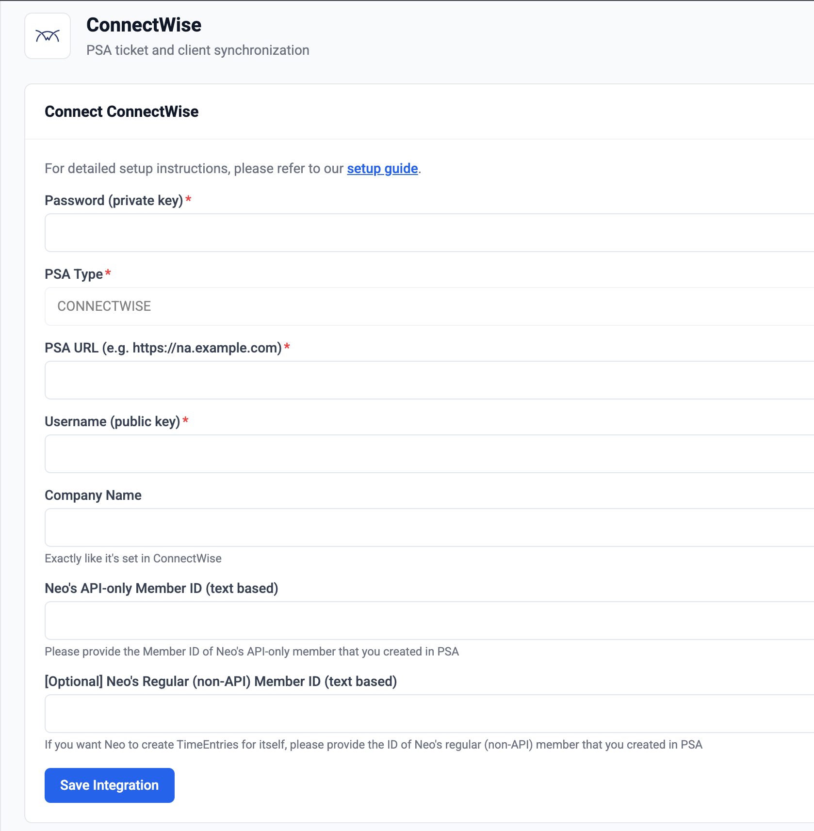 ConnectWise connection form in the Neo Agent dashboard