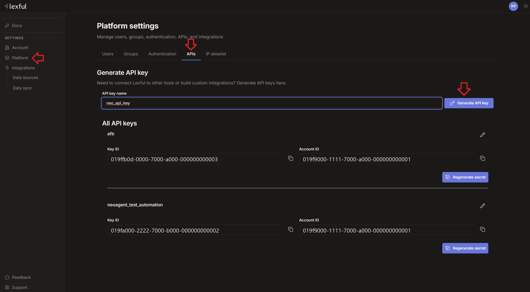 Lexful Platform settings, APIs tab — the Generate API key box, and each key listed with its Key ID and Account ID