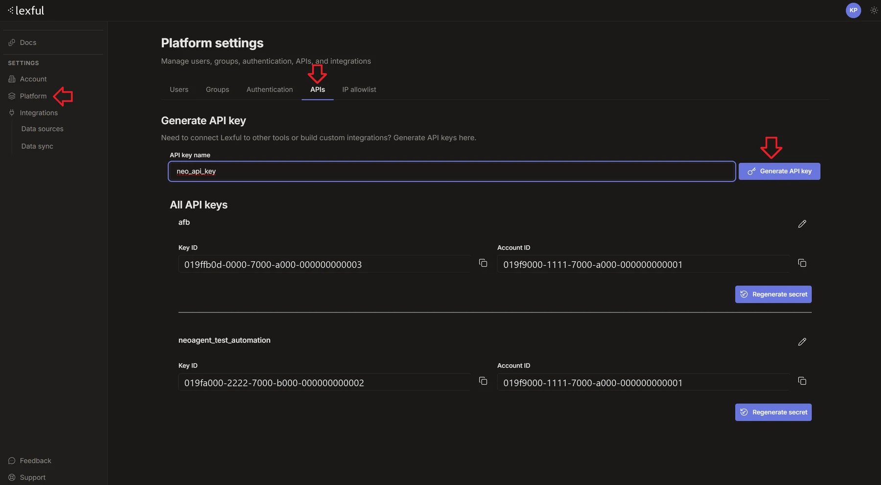 Lexful Platform settings, APIs tab — the Generate API key box, and each key listed with its Key ID and Account ID