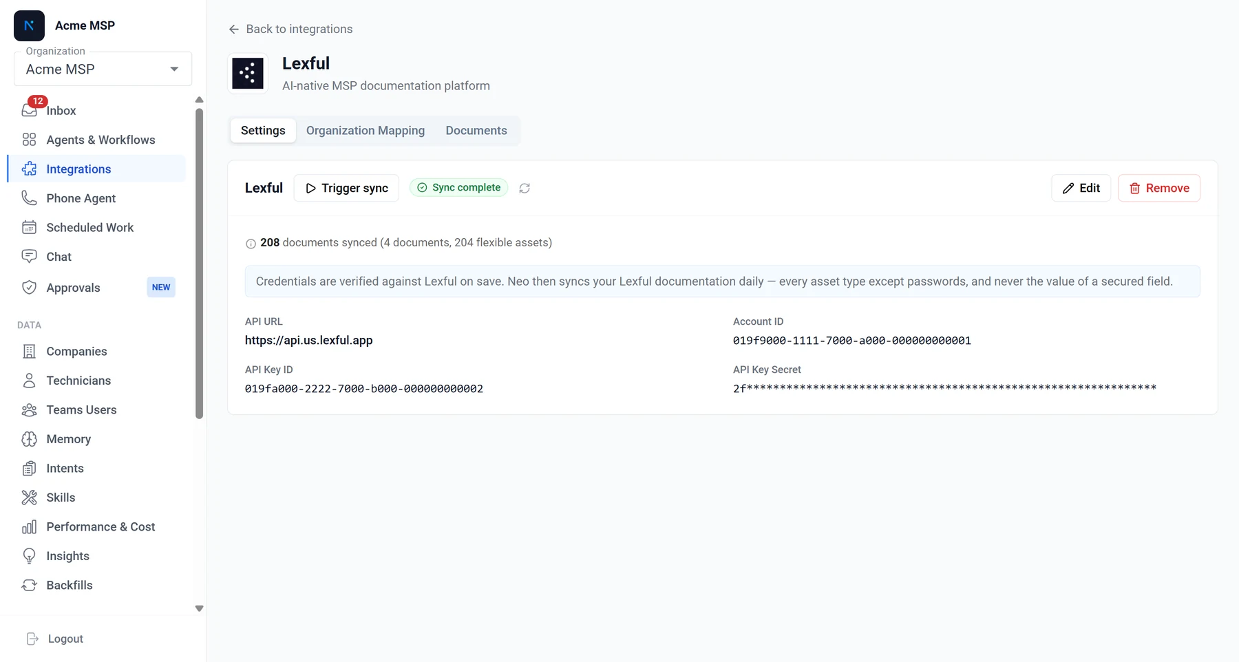 The connected Lexful card in Neo, showing Trigger sync, sync status, the document count, and the stored credentials