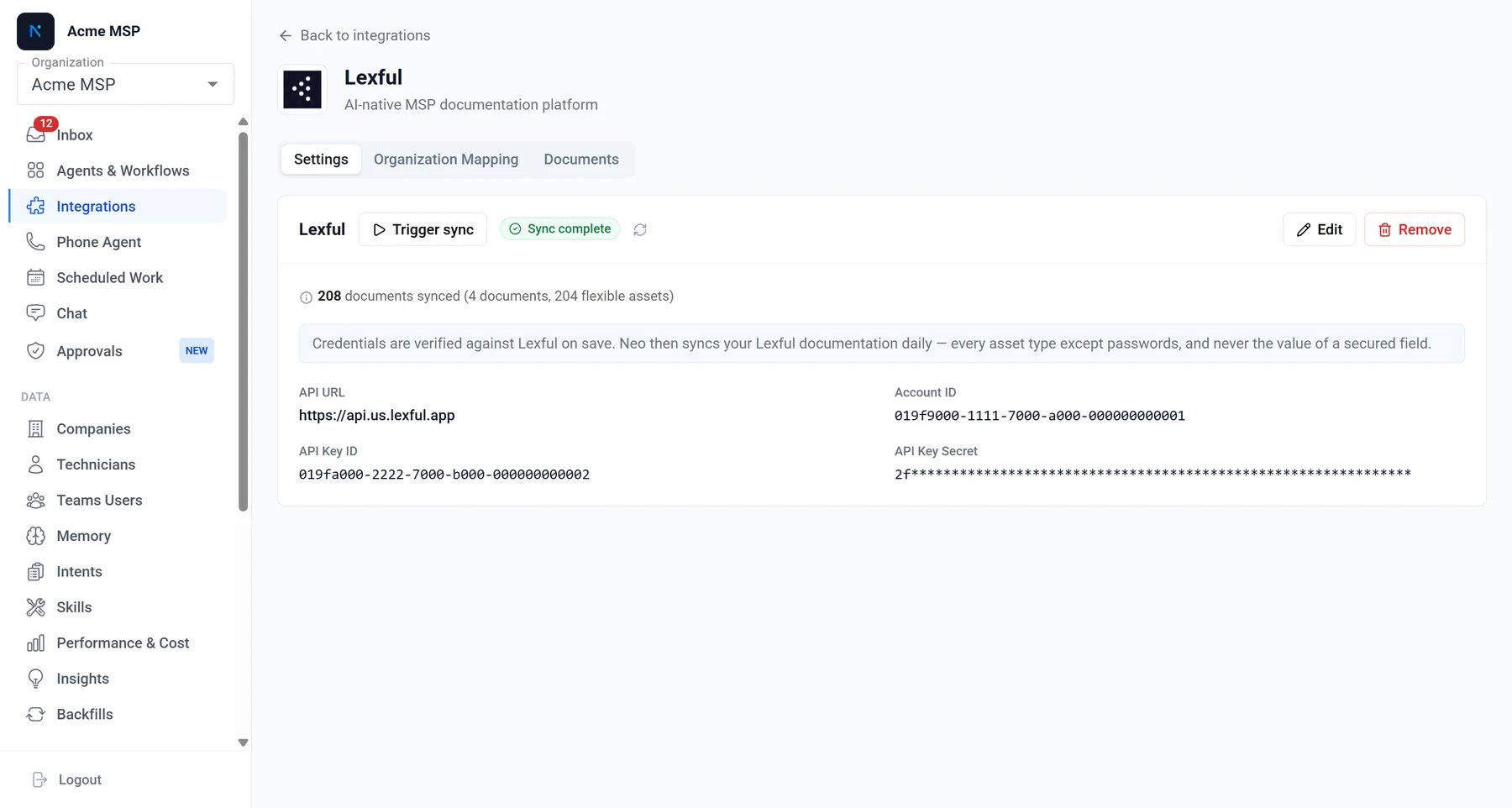 The connected Lexful card in Neo, showing Trigger sync, sync status, the document count, and the stored credentials