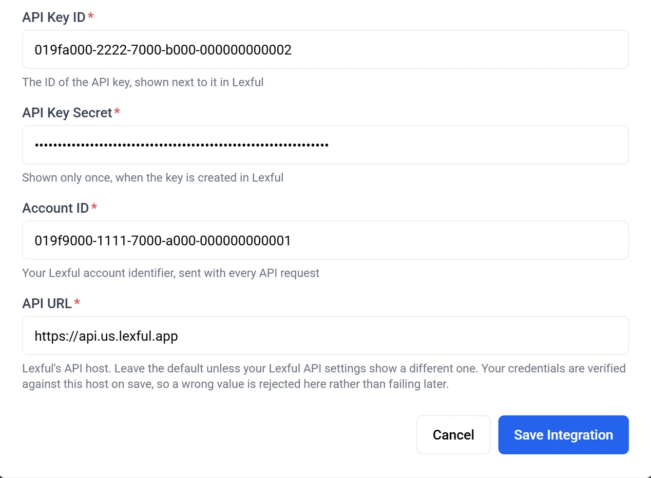 The Lexful integration form in Neo, with fields for API Key ID, API Key Secret, Account ID, and API URL