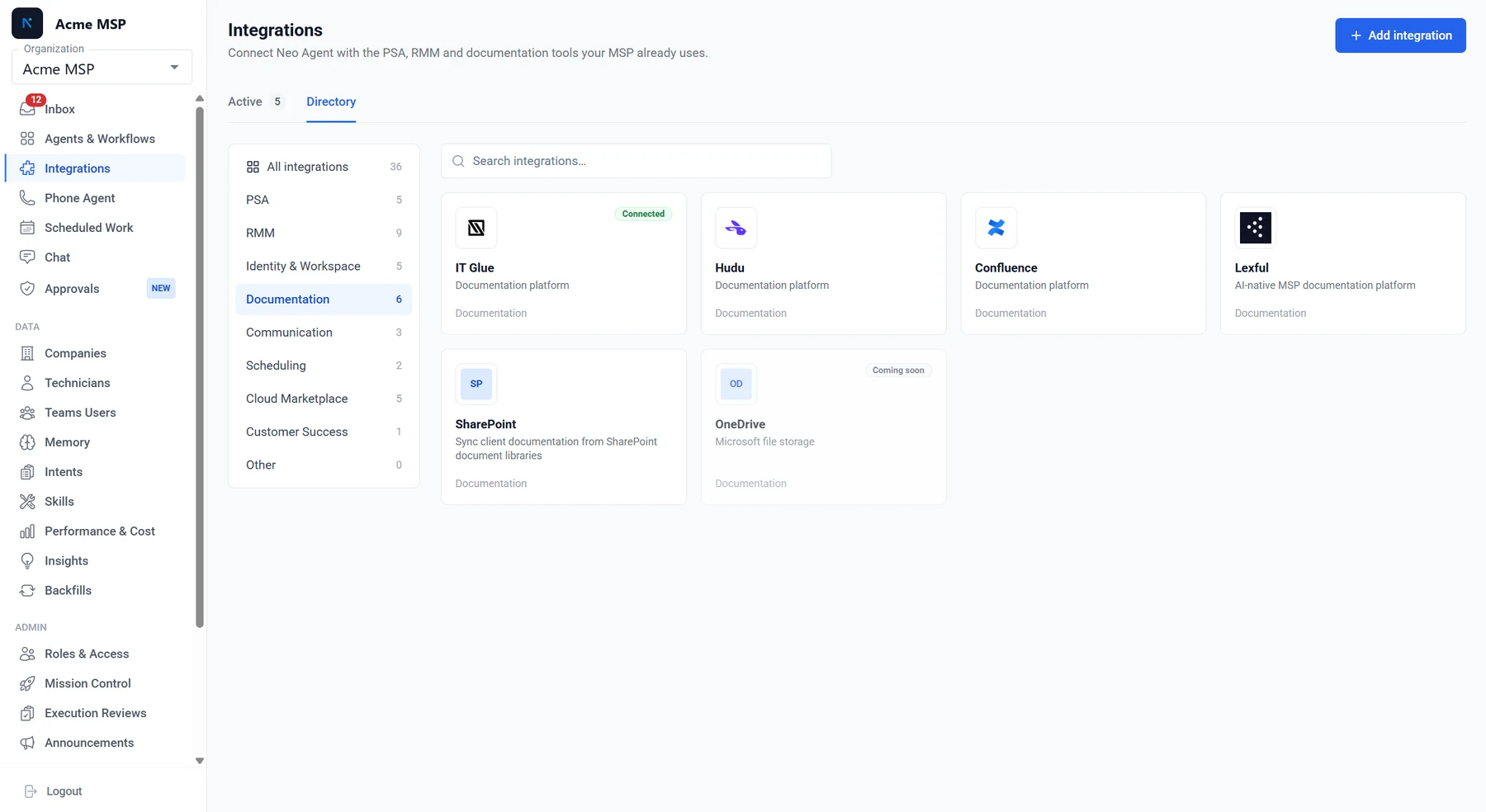 The Integrations Directory in Neo, filtered to Documentation, with the Lexful tile