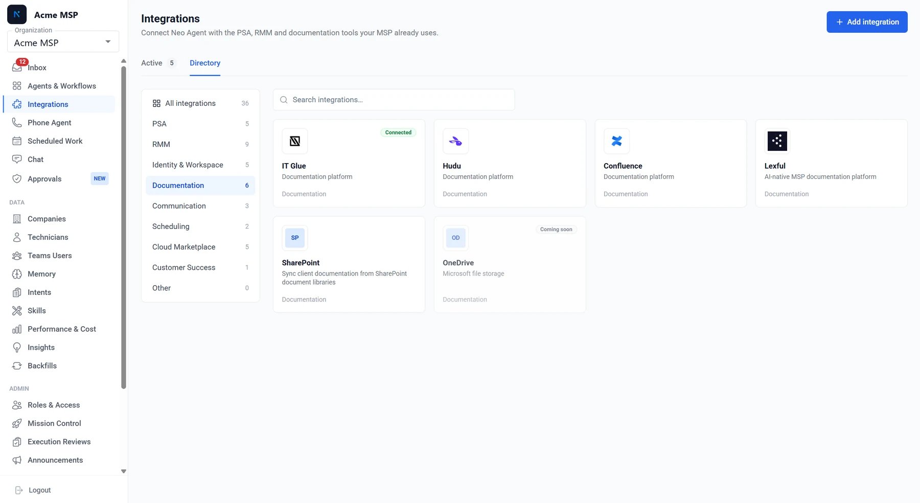 The Integrations Directory in Neo, filtered to Documentation, with the Lexful tile
