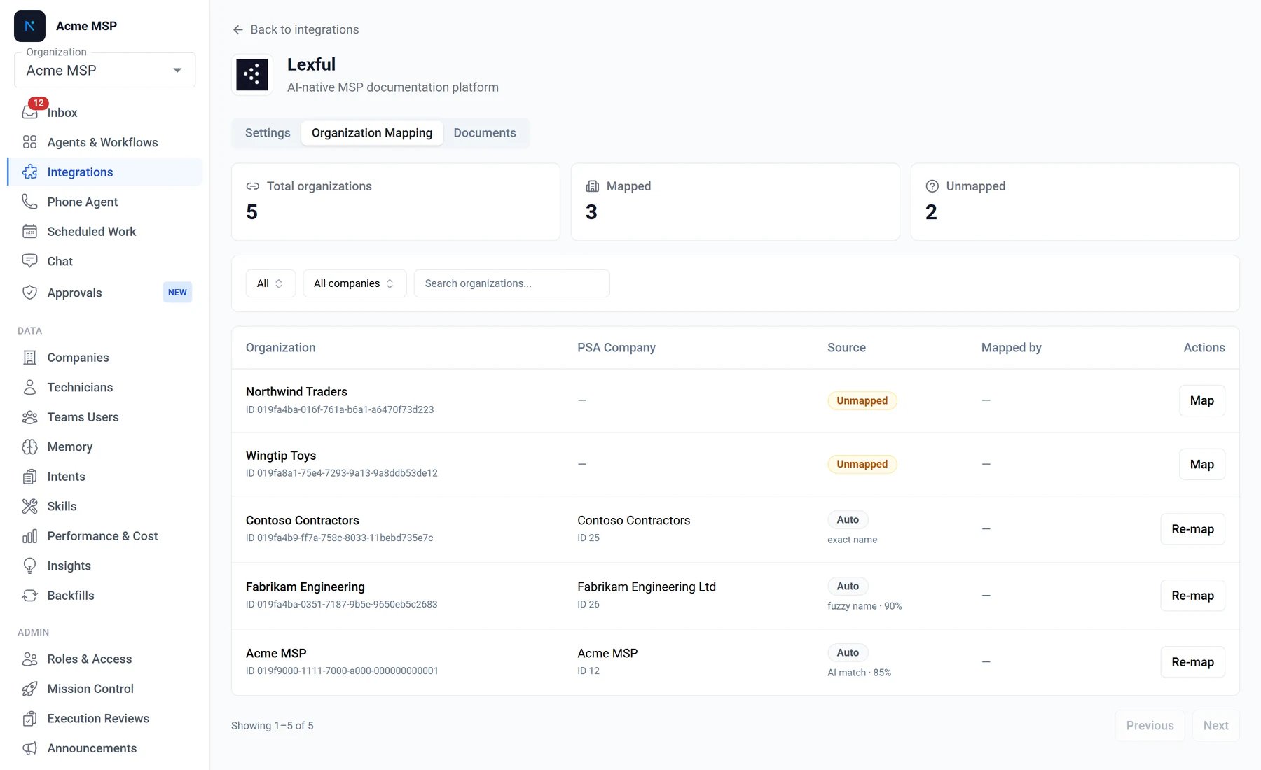 The Organization Mapping tab, showing each Lexful organization, the PSA company it resolved to, and the match method