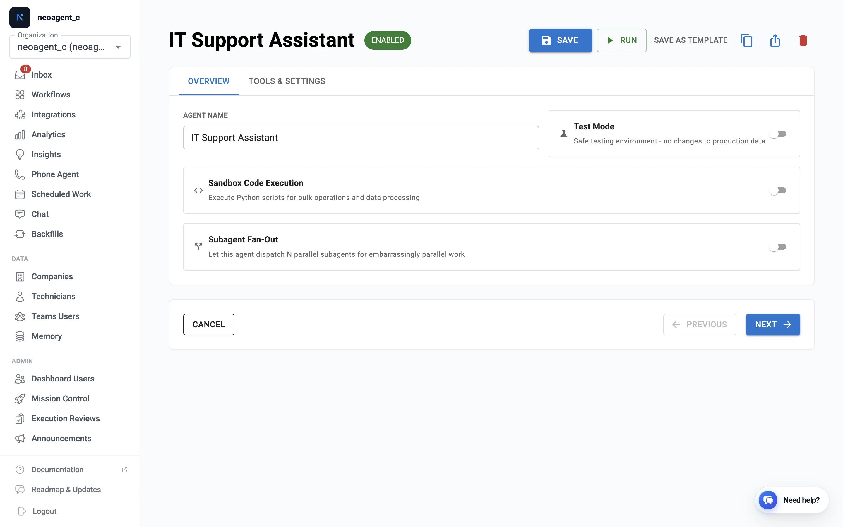 Chat agent editor — name, test mode, sandbox, and subagent fan-out; no Triggers & Filters tab