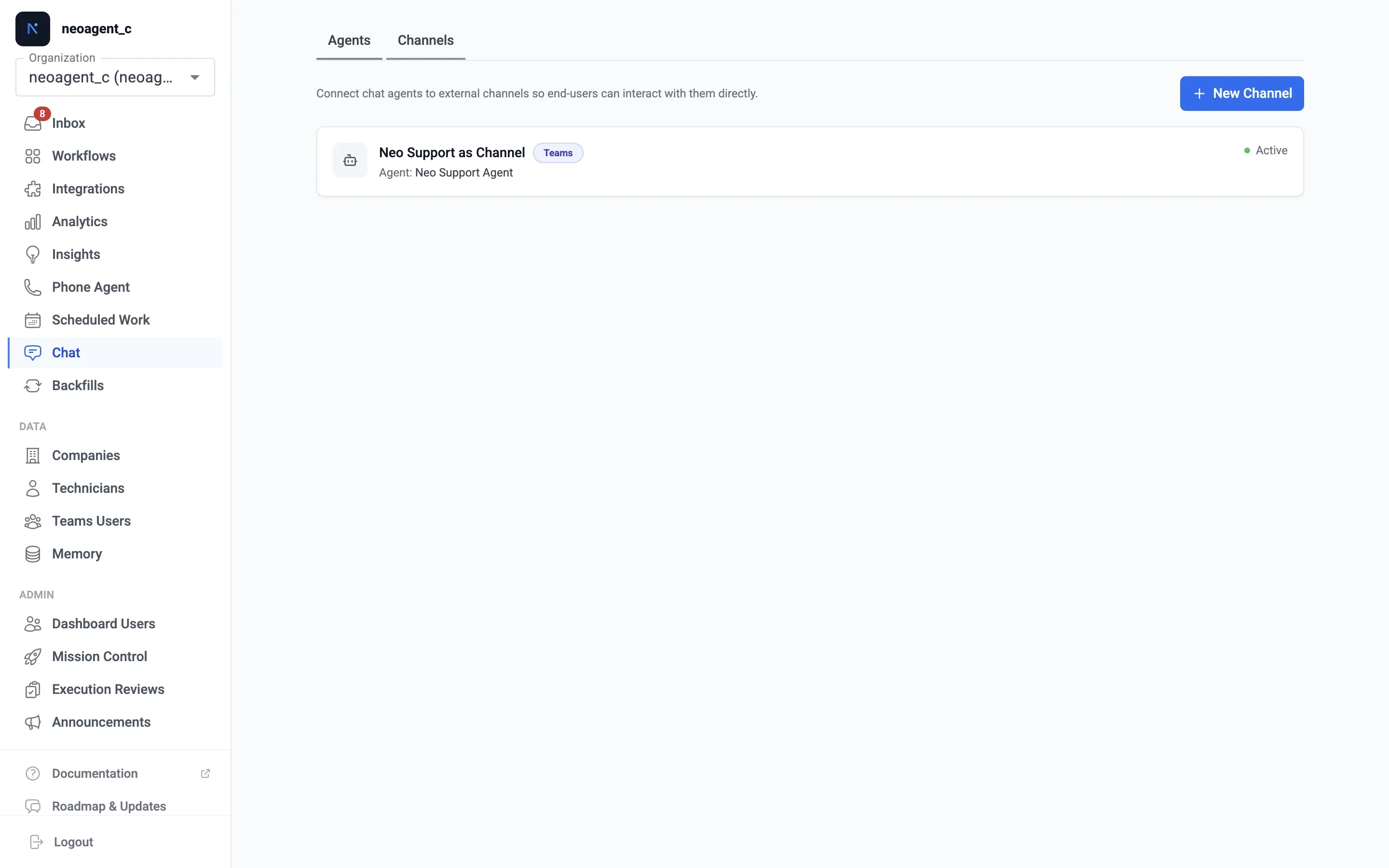 Channels tab on the Chat page with an active Teams channel