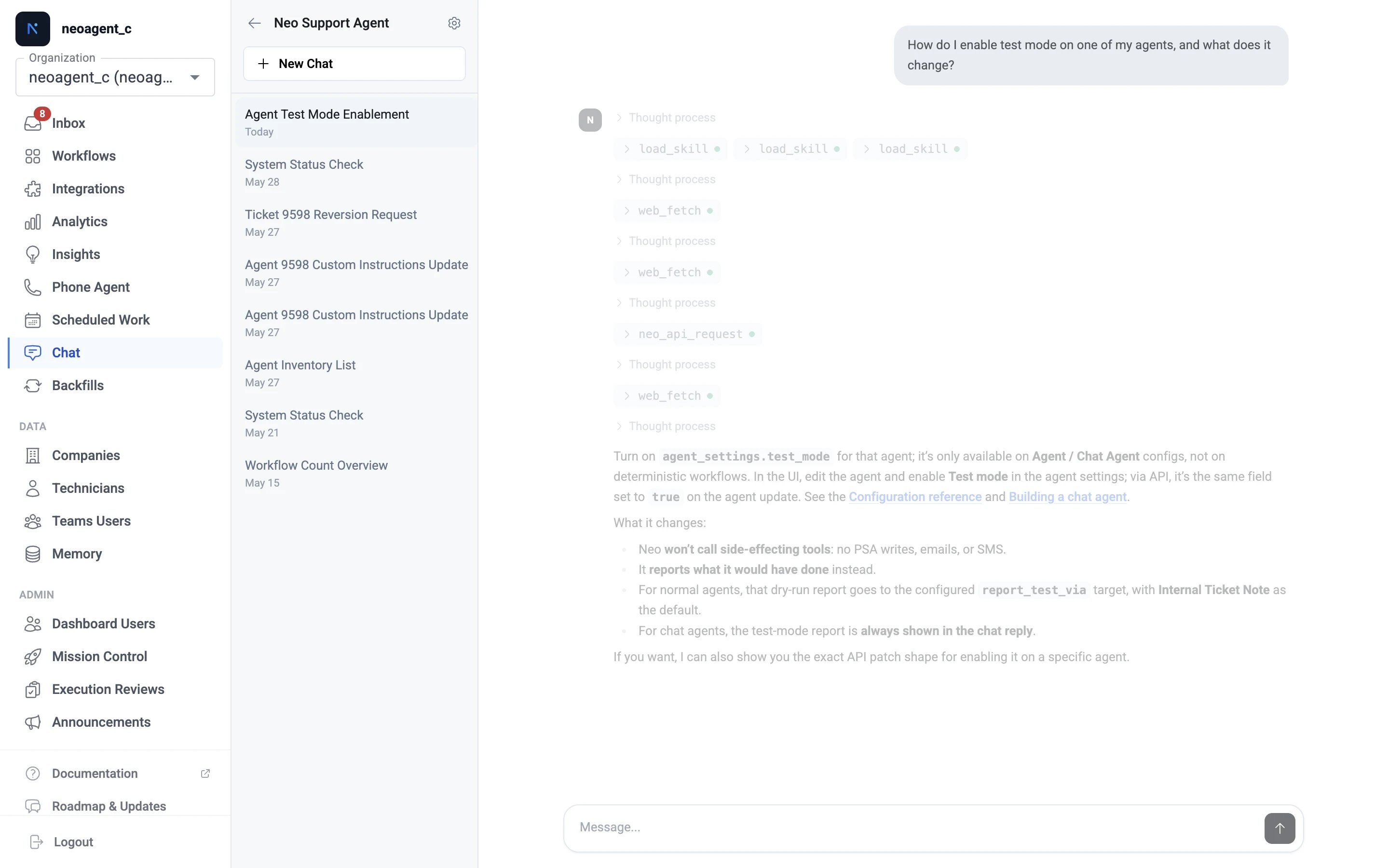 A chat session with the Neo Support Agent — auto-named sessions in the sidebar, tool calls and the reply in the conversation