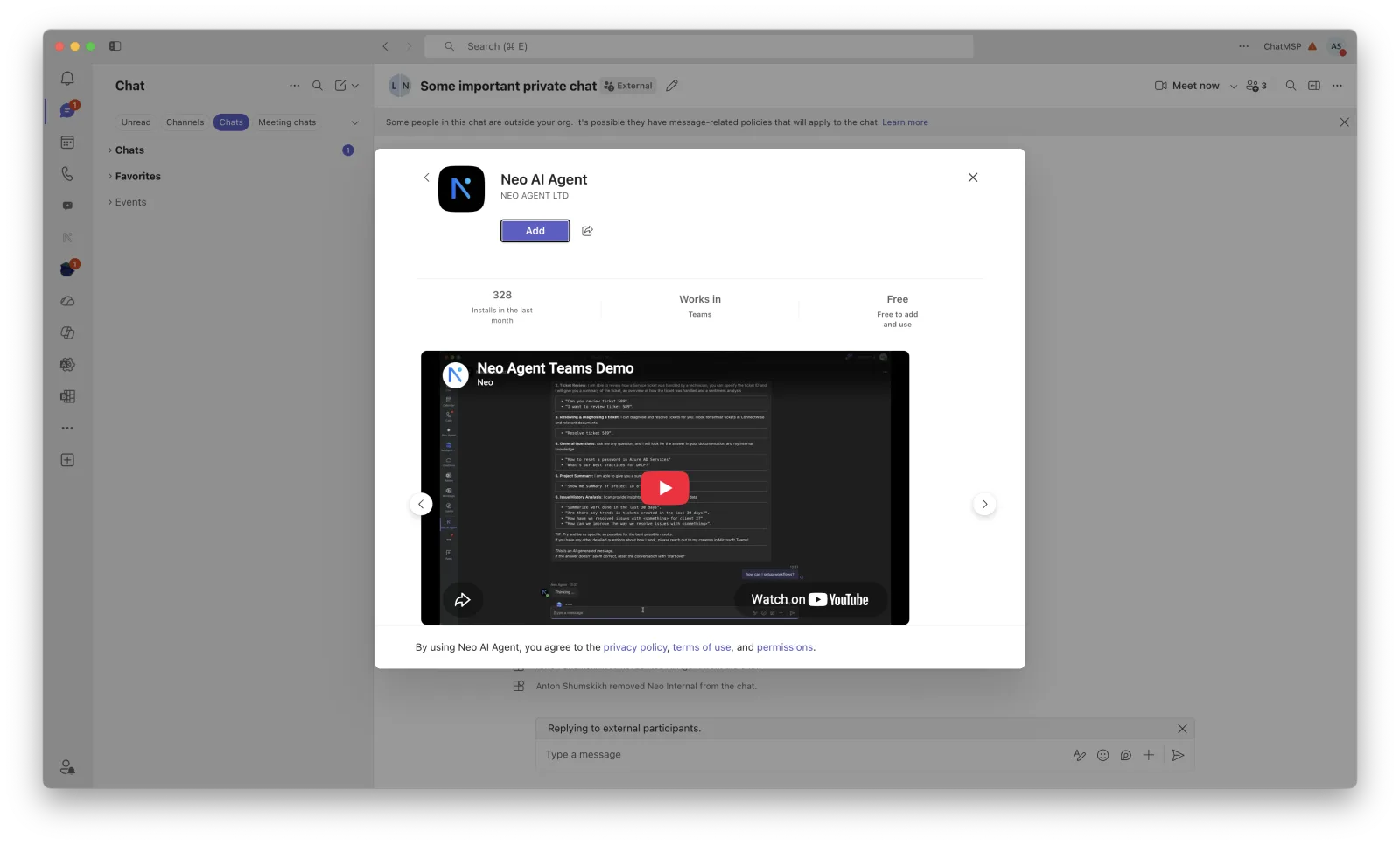 Add the Neo AI Agent app to the chat