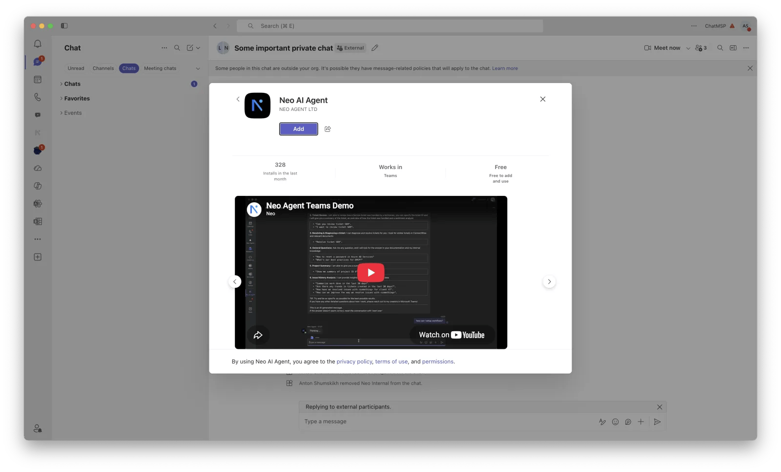 Add the Neo AI Agent app to the chat