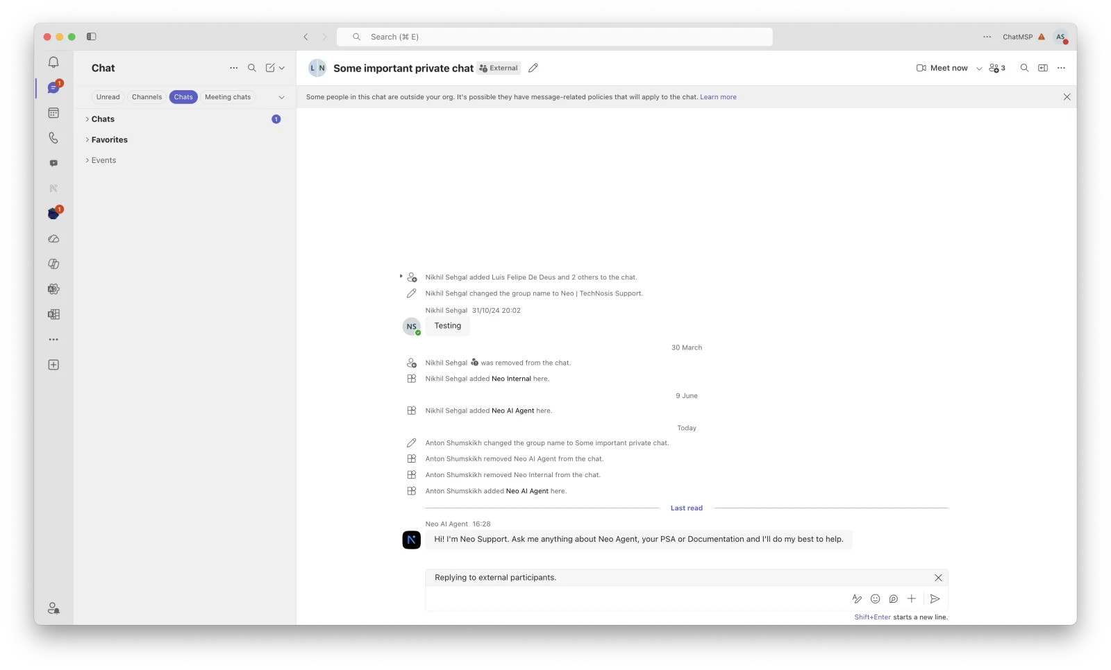 Neo AI Agent added to the chat, posting its greeting