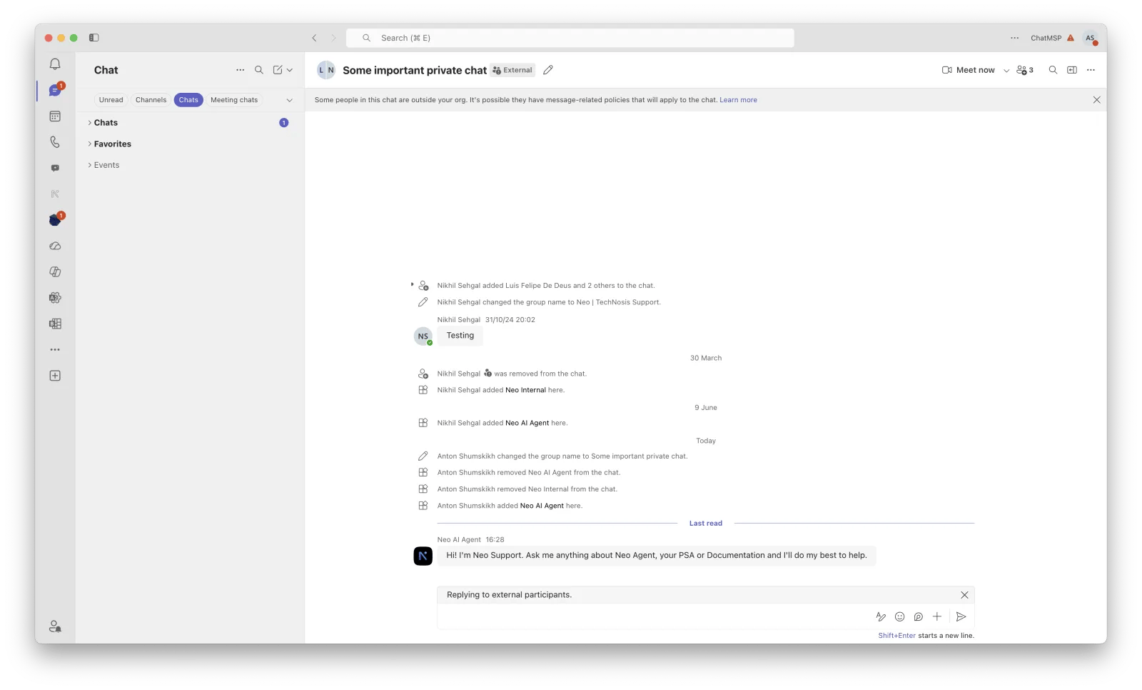 Neo AI Agent added to the chat, posting its greeting