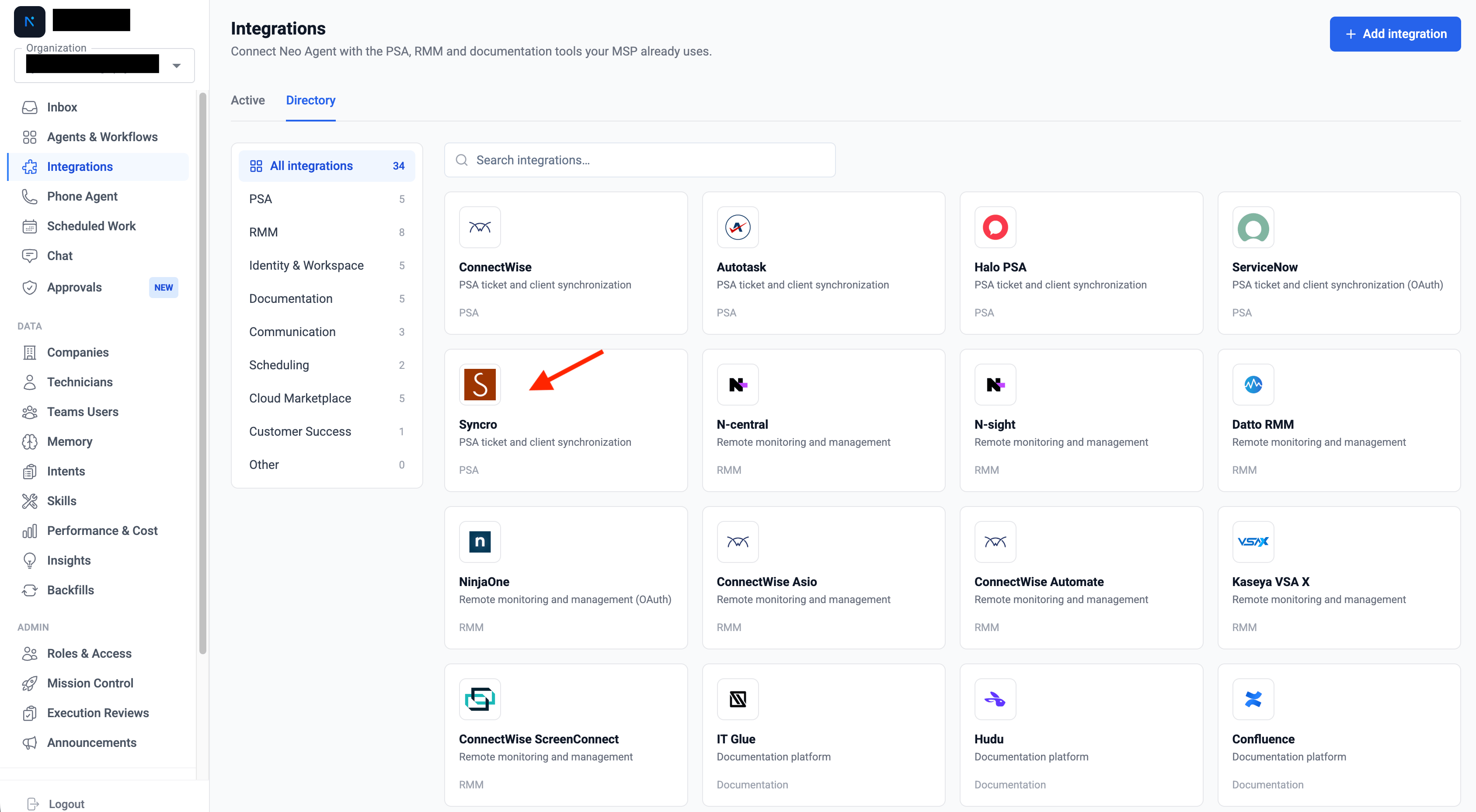 Syncro in the Neo integrations directory
