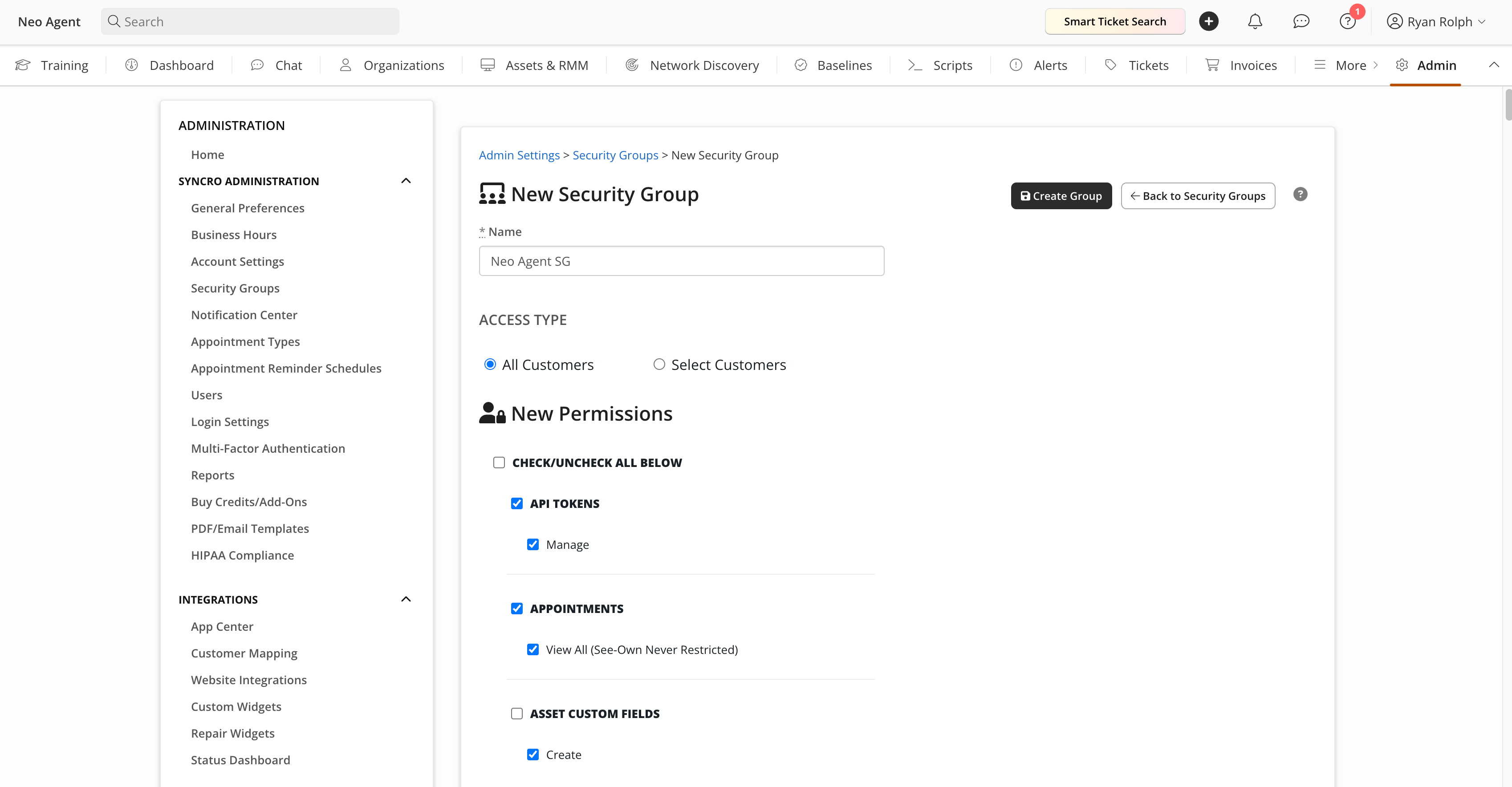 The New Security Group form with All Customers selected