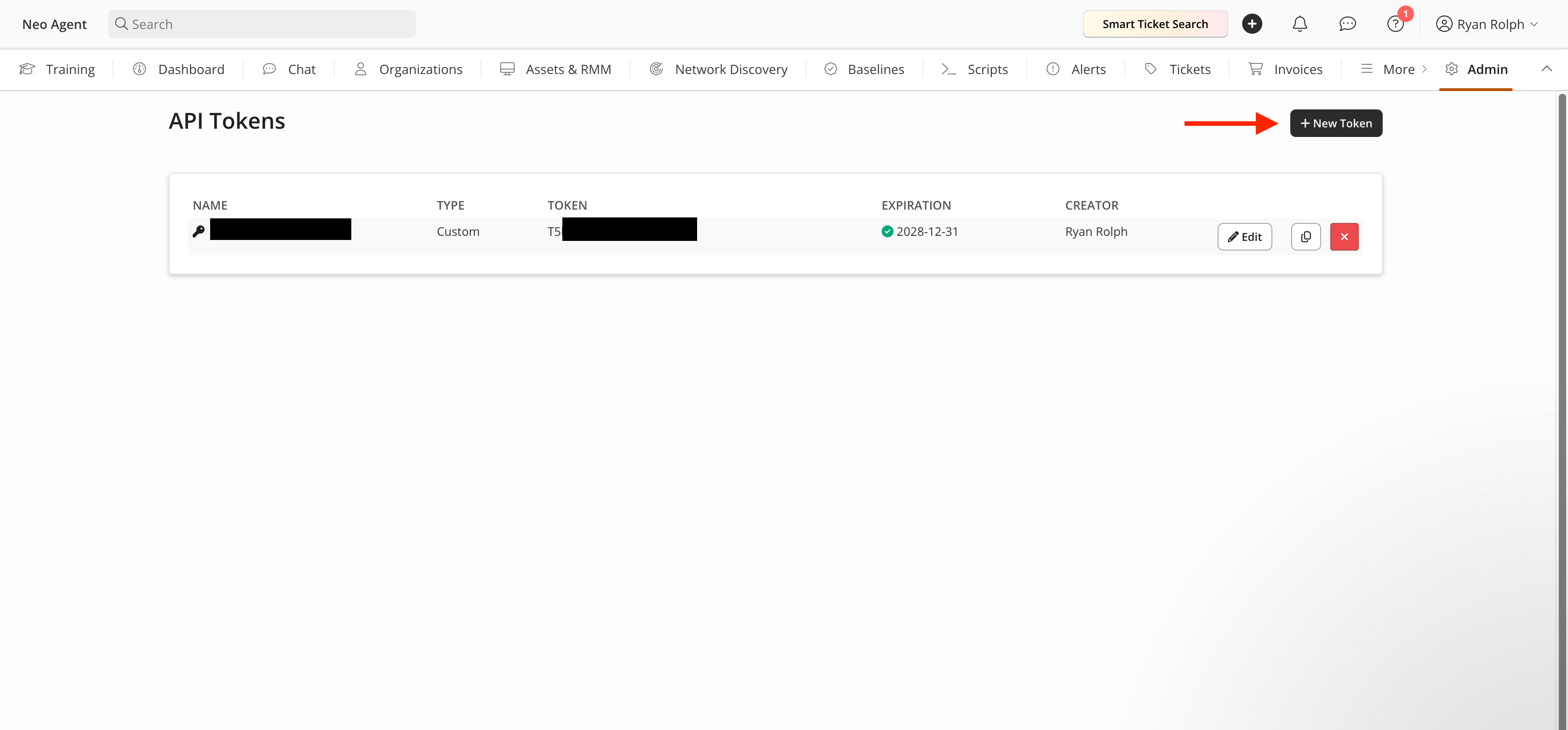 The New Token button on the API Tokens page