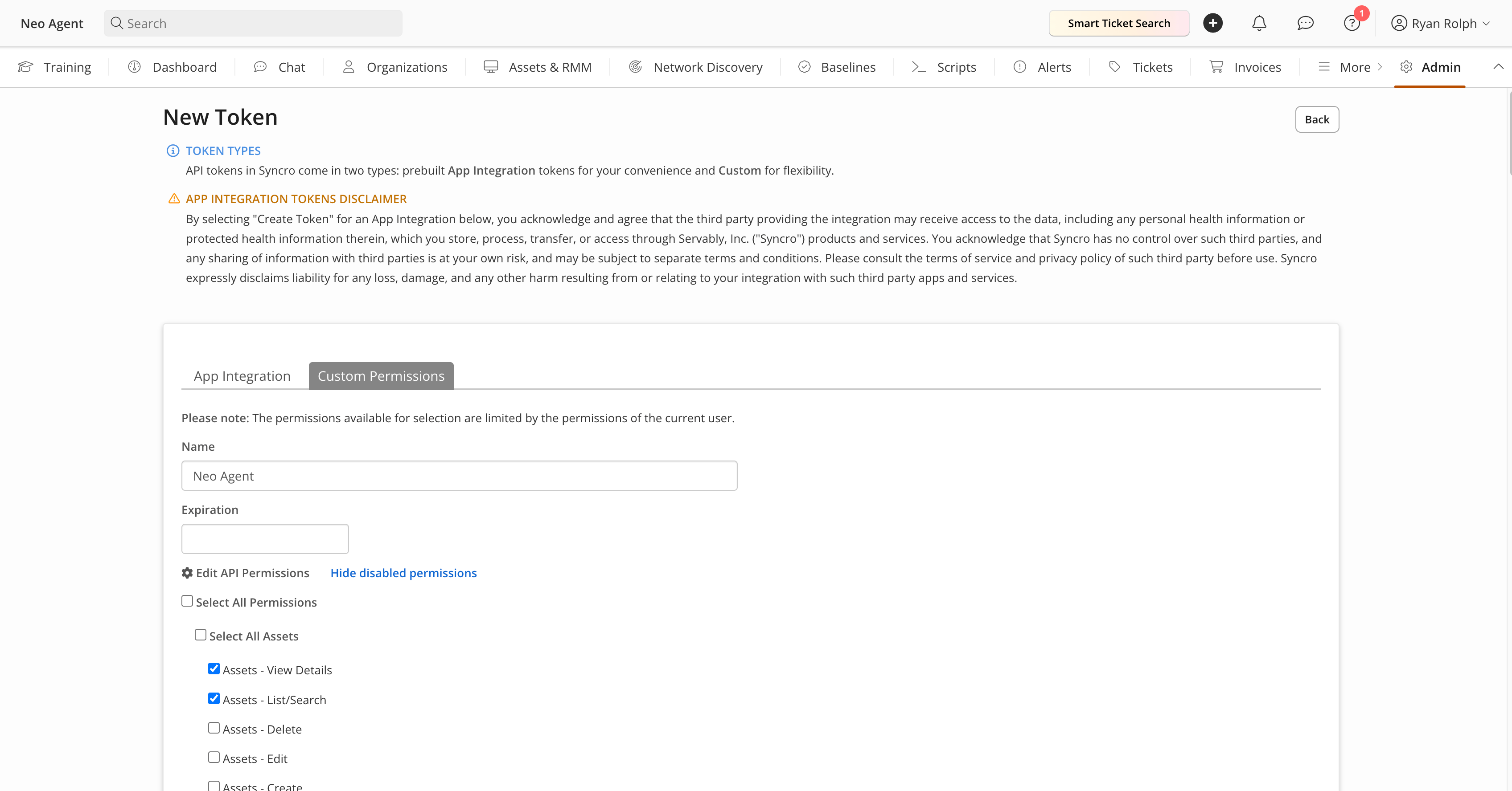 The New Token screen with the Custom Permissions tab selected