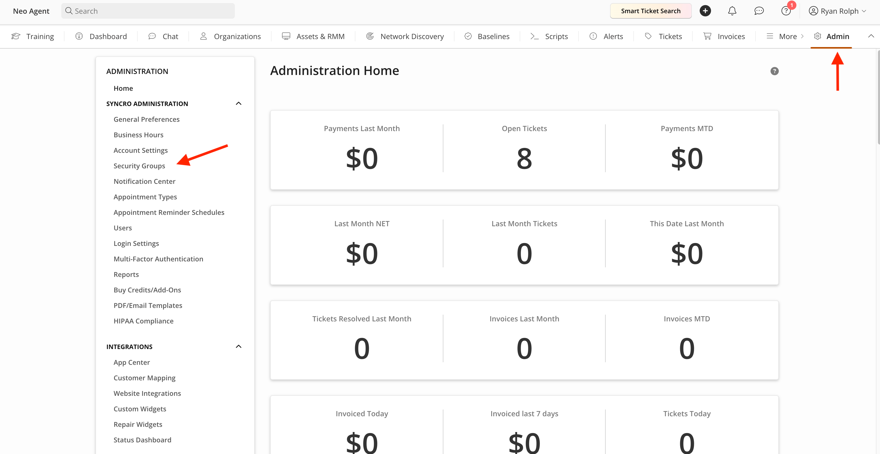 Security Groups under Syncro Administration in the Admin menu